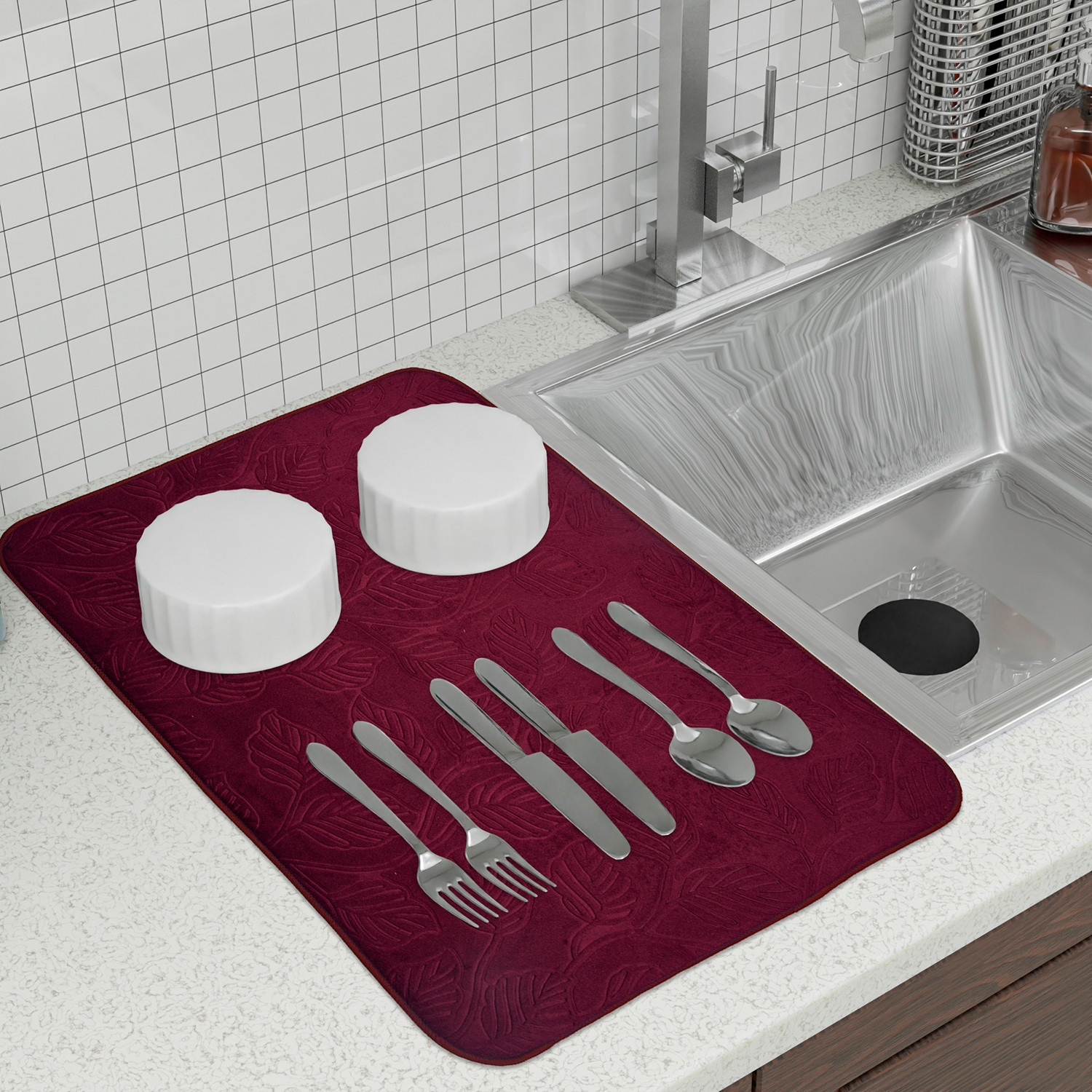 Kuber Industries Dish Dry Mat  Microfiber Drying Mat  Kitchen Drying Mat  Self Dish Dry Mat  Water Absorbent Kitchen Mat  Embossed Dish Dry Mat  50x70  Maroon
