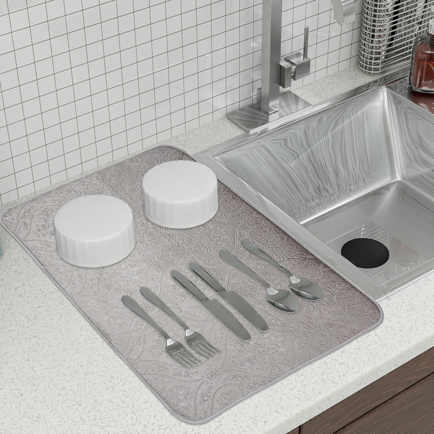 Kuber Industries Dish Dry Mat  Microfiber Drying Mat  Kitchen Drying Mat  Self Dish Dry Mat  Water Absorbent Kitchen Mat  Embossed Dish Dry Mat  38x50  Gray