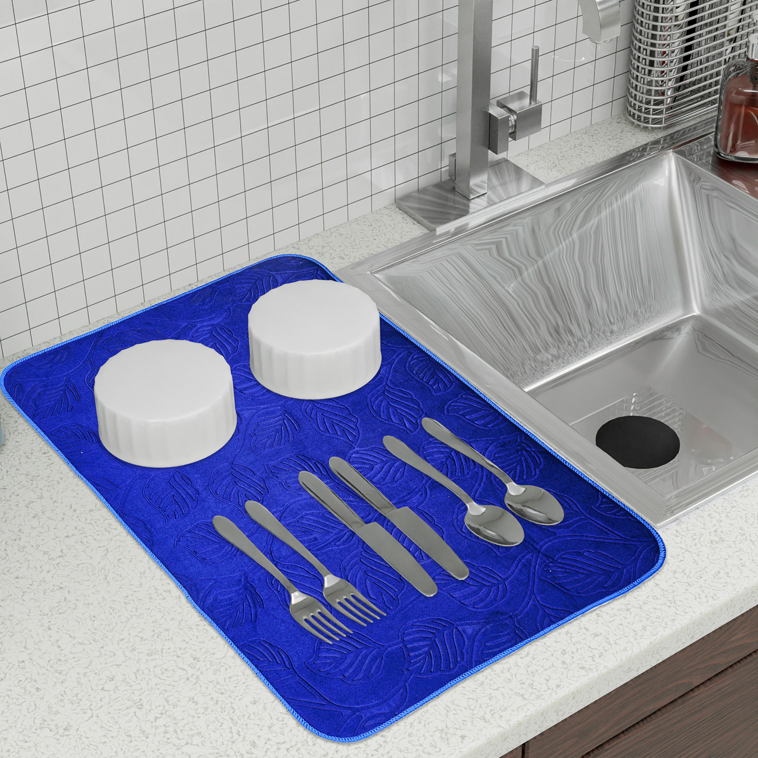 Kuber Industries Dish Dry Mat | Microfiber Drying Mat | Kitchen Drying Mat | Self Dish Dry Mat | Water Absorbent Kitchen Mat | Embossed Dish Dry Mat | 50x70 | Blue