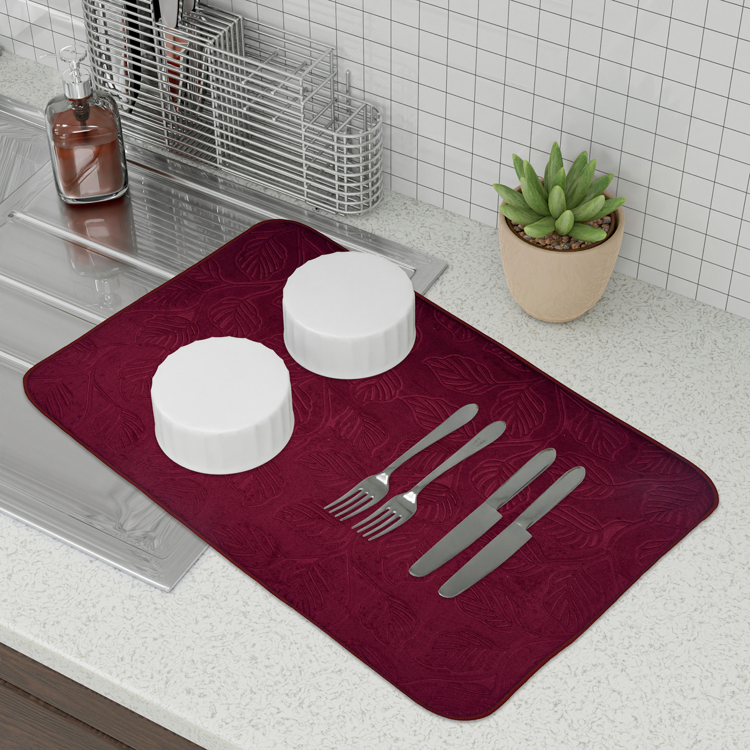 Kuber Industries Dish Dry Mat | Microfiber Self Drying Mat | Kitchen Drying Mat | Water Absorbent Kitchen Mat | Embossed Dish Dry Mat | 38x50 | Pack of 2 | Maroon & Blue