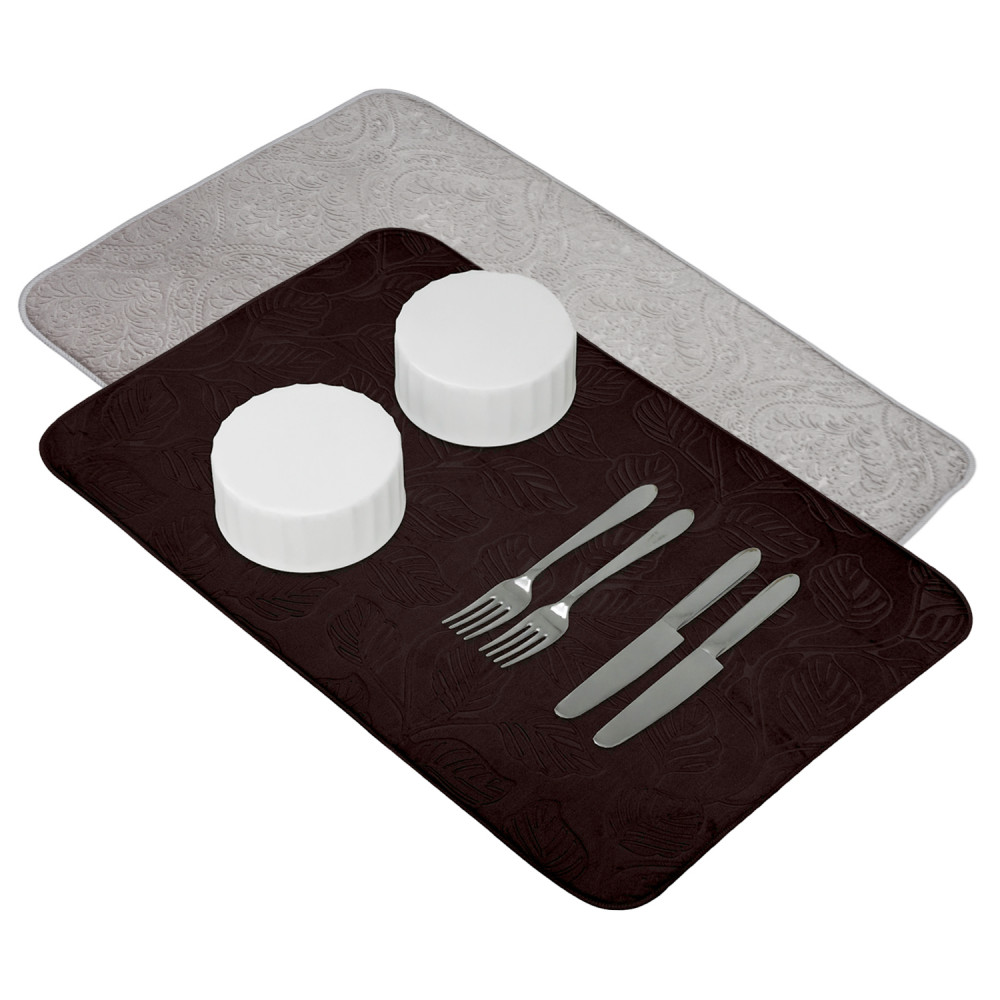 Kuber Industries Dish Dry Mat | Microfiber Self Drying Mat | Kitchen Drying Mat | Water Absorbent Kitchen Mat | Embossed Dish Dry Mat | 38x50 | Pack of 2 | Brown &amp; Gray