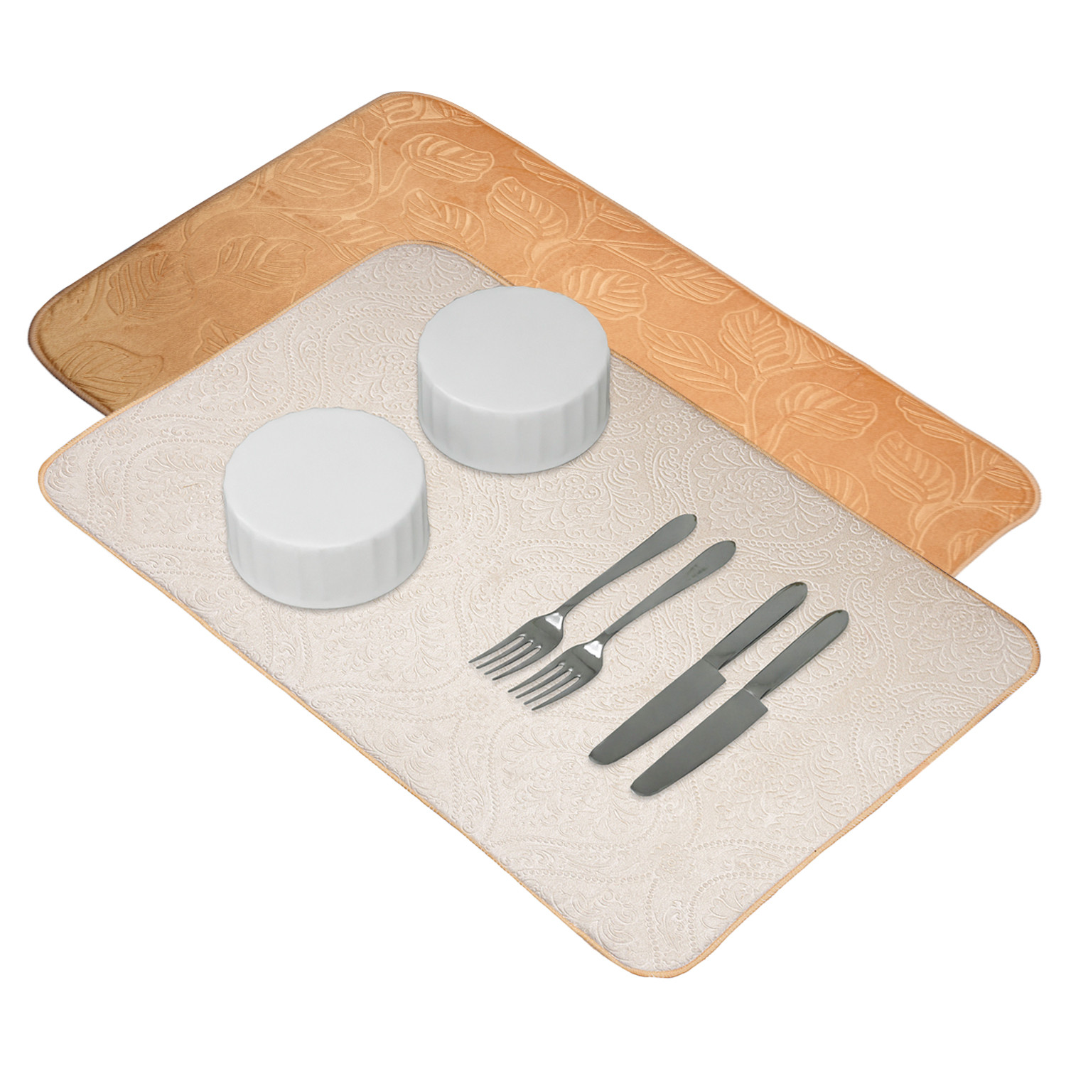 Kuber Industries Dish Dry Mat | Microfiber Self Drying Mat | Kitchen Drying Mat | Water Absorbent Kitchen Mat | Embossed Dish Dry Mat | 50x70 | Pack of 2 | Cream & Golden
