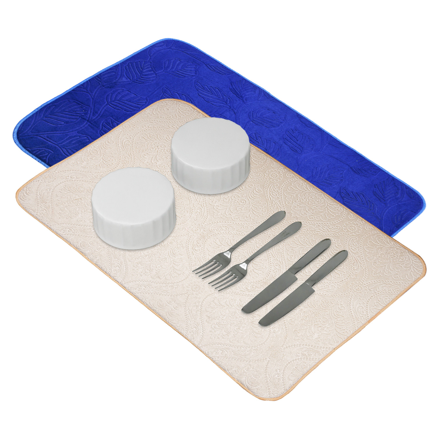 Kuber Industries Dish Dry Mat | Microfiber Self Drying Mat | Kitchen Drying Mat | Water Absorbent Kitchen Mat | Embossed Dish Dry Mat | 50x70 | Pack of 2 | Cream & Blue