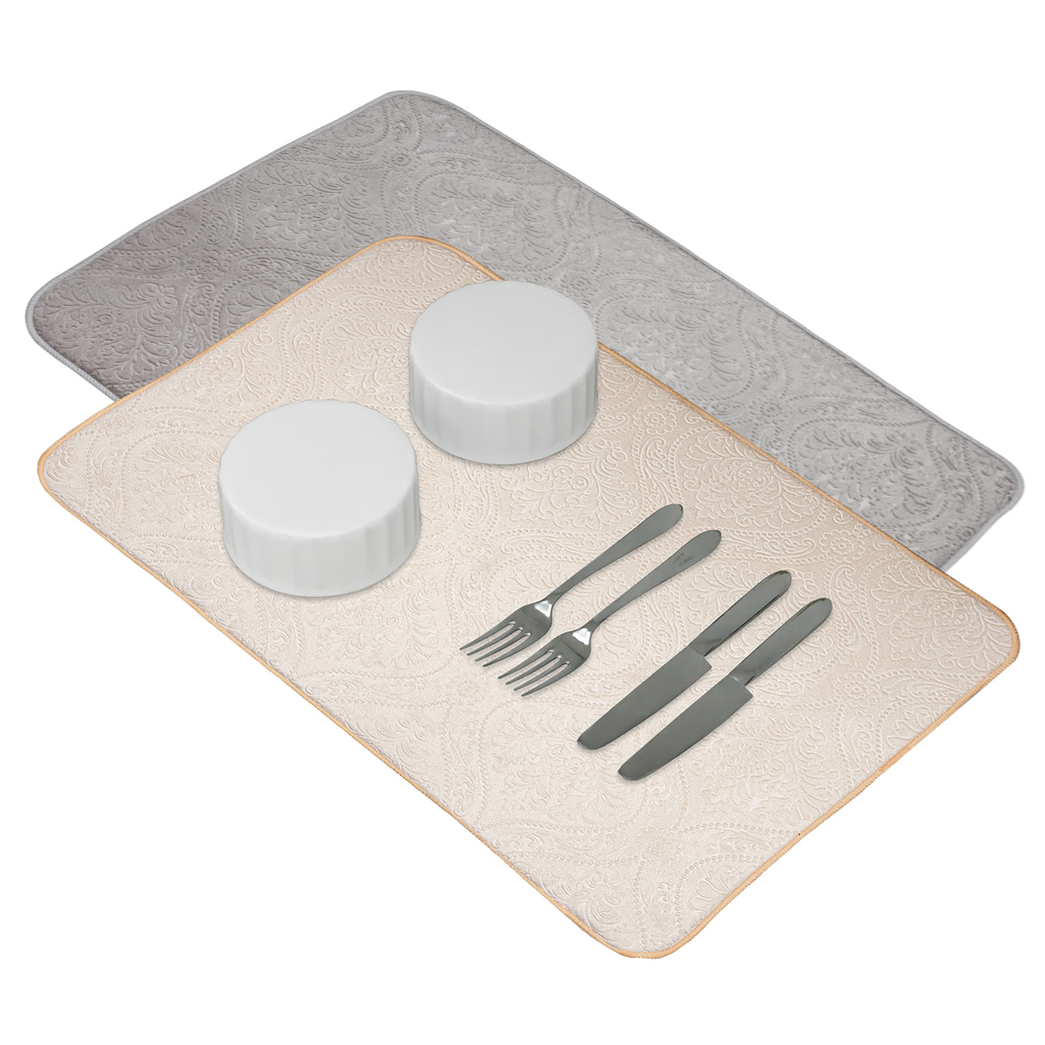 Kuber Industries Dish Dry Mat | Microfiber Self Drying Mat | Kitchen Drying Mat | Water Absorbent Kitchen Mat | Embossed Dish Dry Mat | 50x70 | Pack of 2 | Cream & Gray