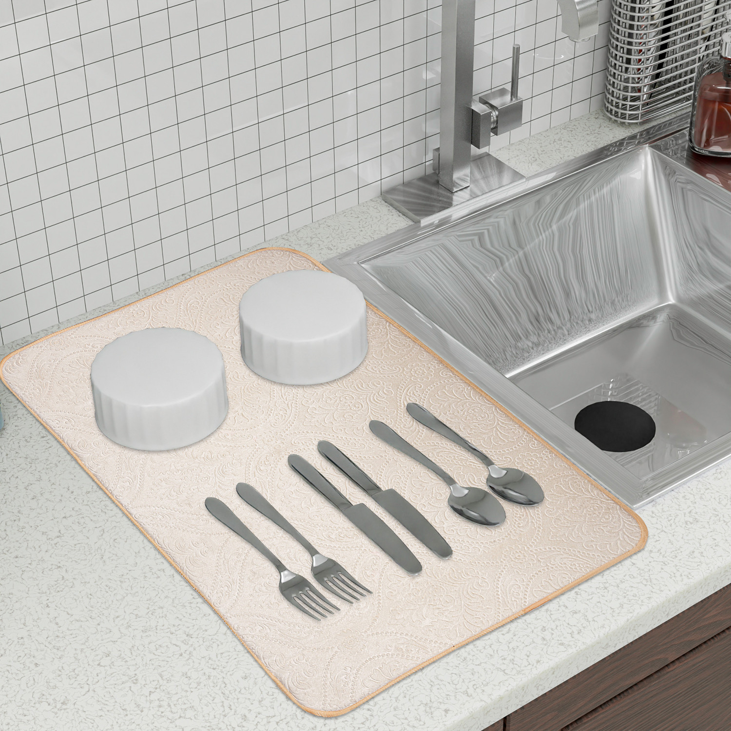 Kuber Industries Dish Dry Mat | Microfiber Self Drying Mat | Kitchen Drying Mat | Water Absorbent Kitchen Mat | Embossed Dish Dry Mat | 50x70 | Pack of 2 | Cream & Gray