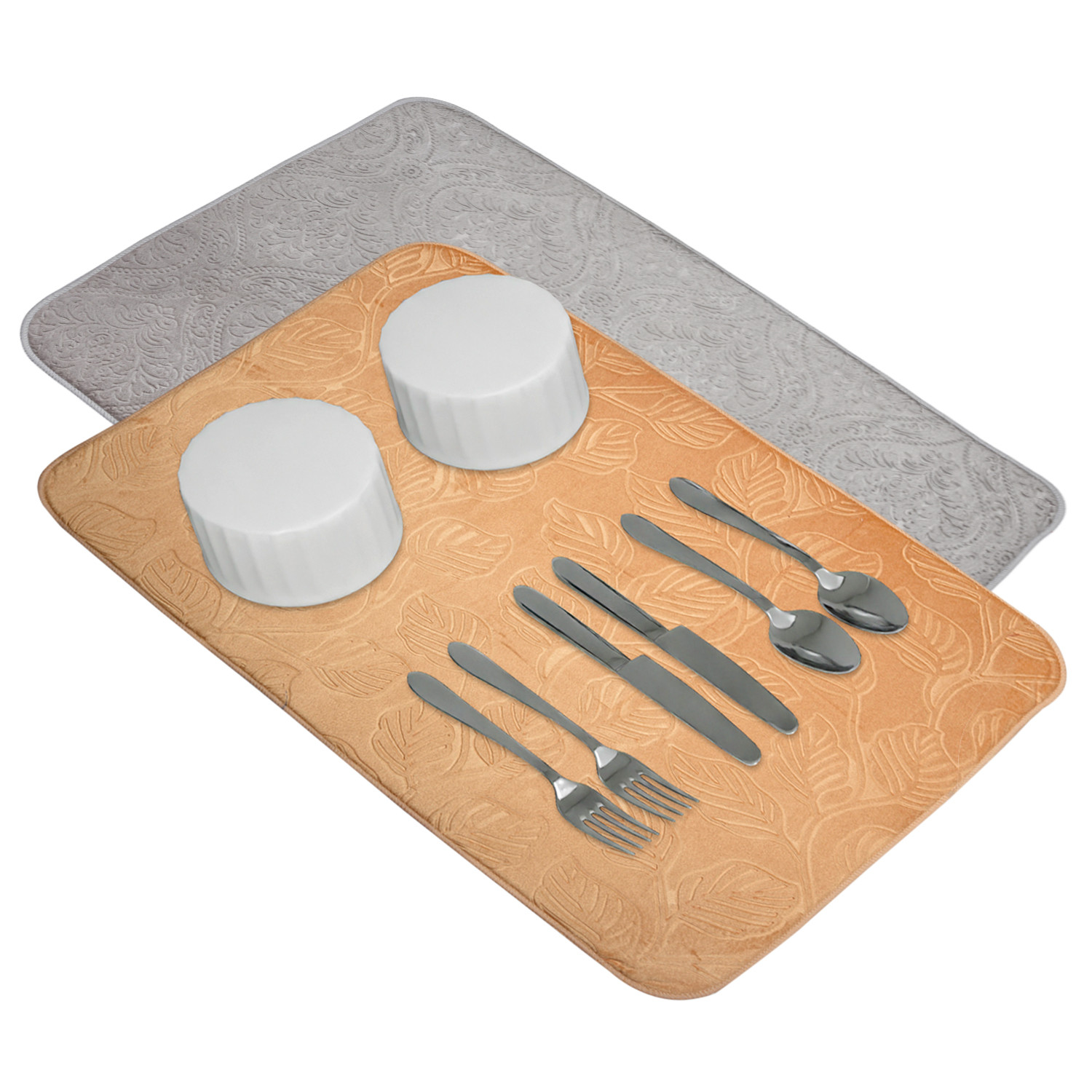 Kuber Industries Dish Dry Mat | Microfiber Self Drying Mat | Kitchen Drying Mat | Water Absorbent Kitchen Mat | Embossed Dish Dry Mat | 50x70 | Pack of 2 | Golden & Gray