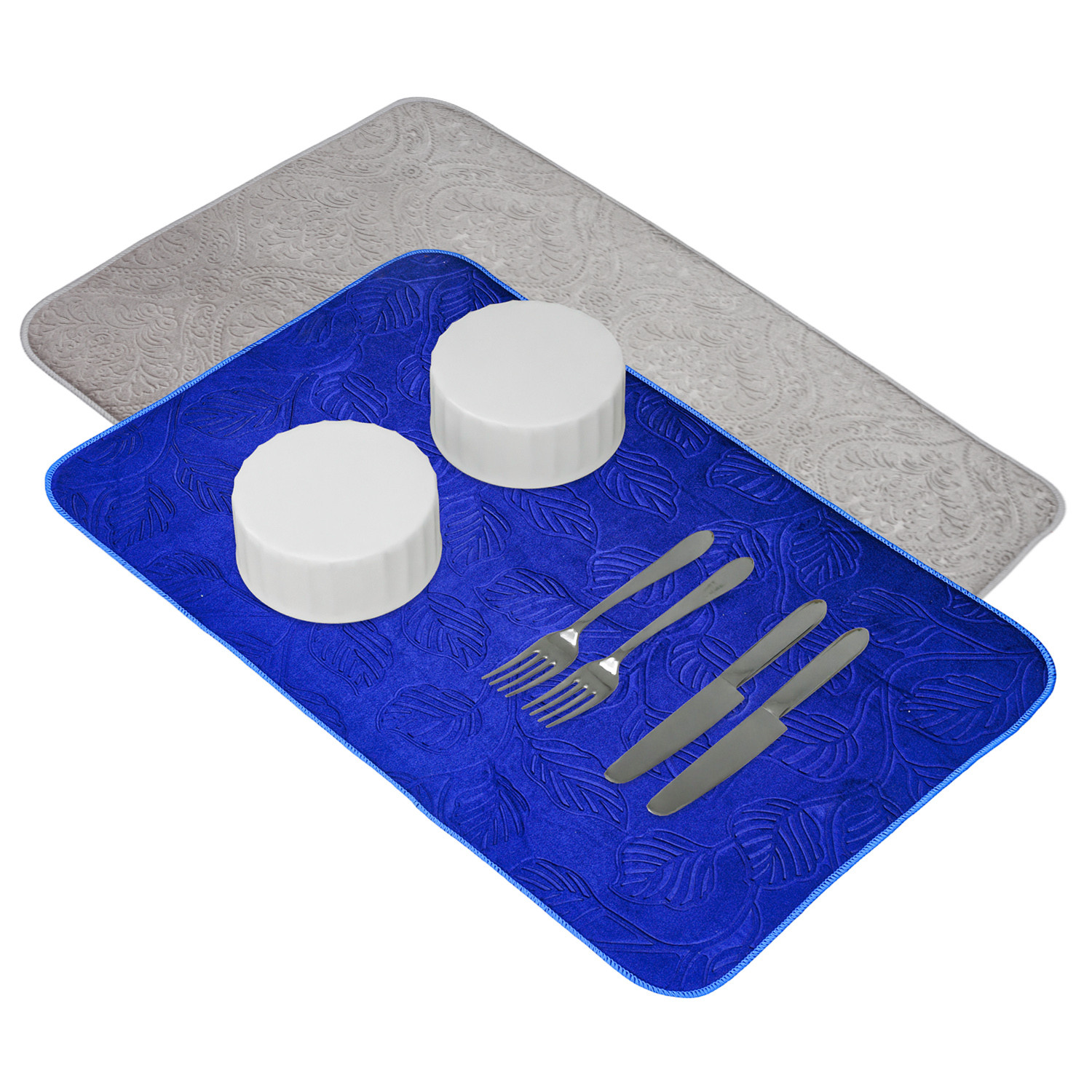 Kuber Industries Dish Dry Mat | Microfiber Self Drying Mat | Kitchen Drying Mat | Water Absorbent Kitchen Mat | Embossed Dish Dry Mat | 50x70 | Pack of 2 | Blue & Gray