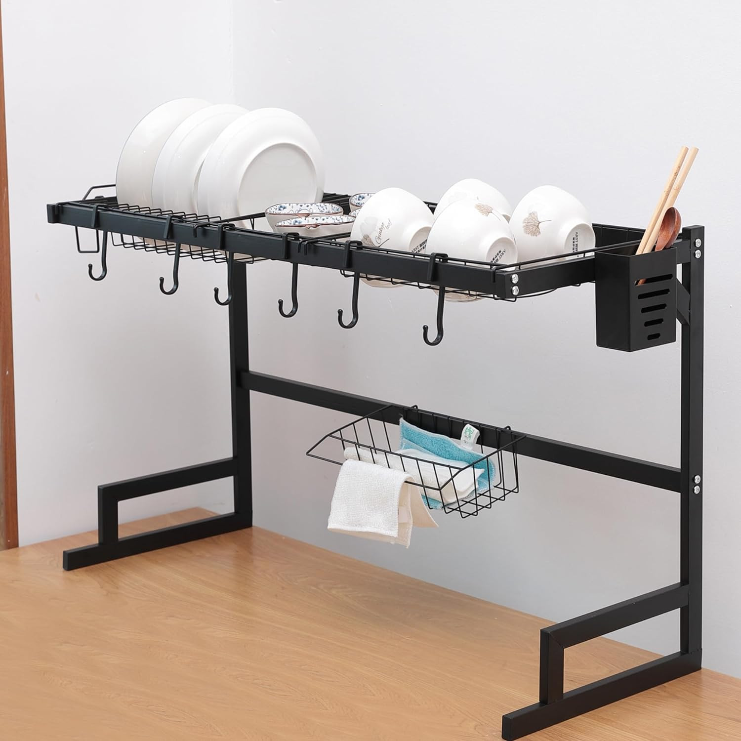 Kuber Industries Dish Drying Rack|Storage Rack for Kitchen Counter|Drainboard & Cutting Board Holder|Premium Utensils Basket (Black)