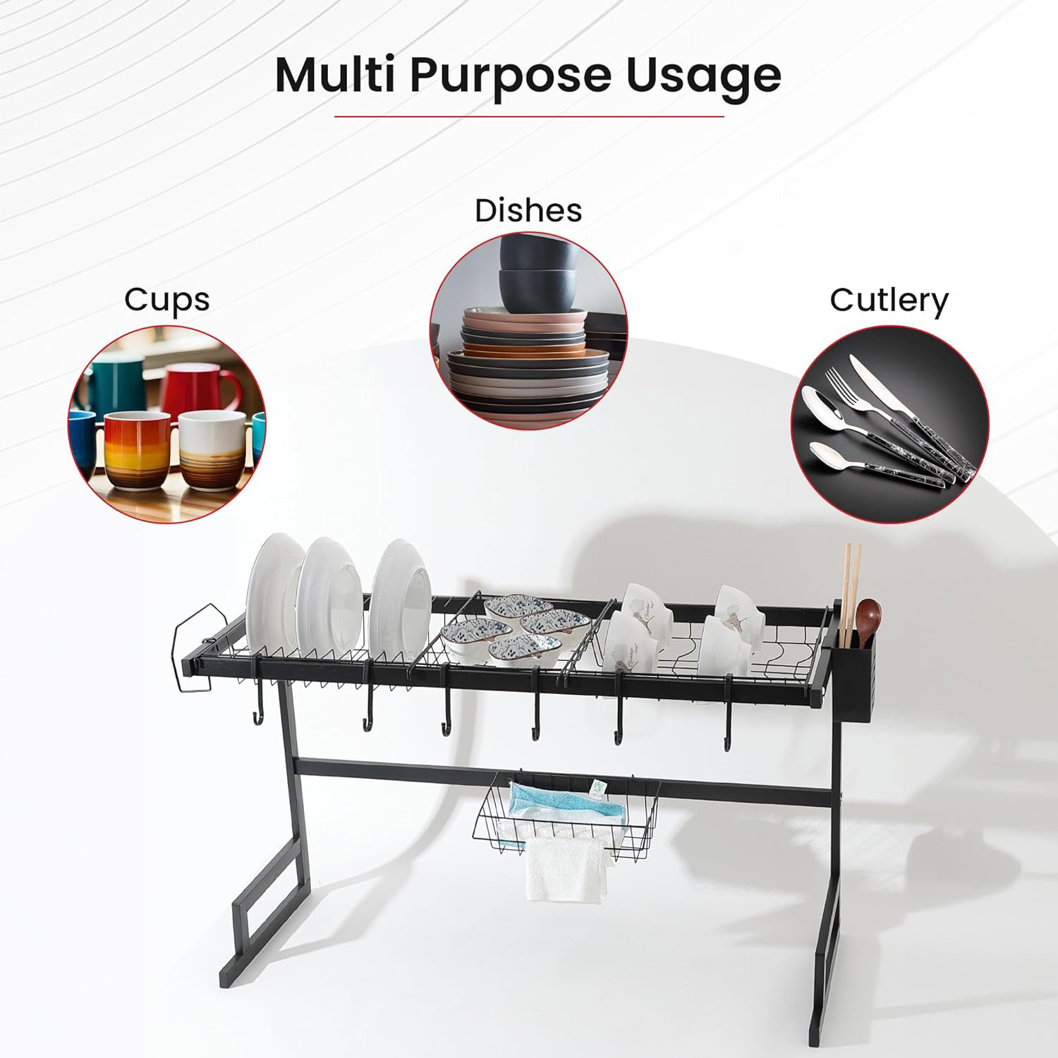 Kuber Industries Dish Drying Rack|Storage Rack for Kitchen Counter|Drainboard & Cutting Board Holder|Premium Utensils Basket (Black)
