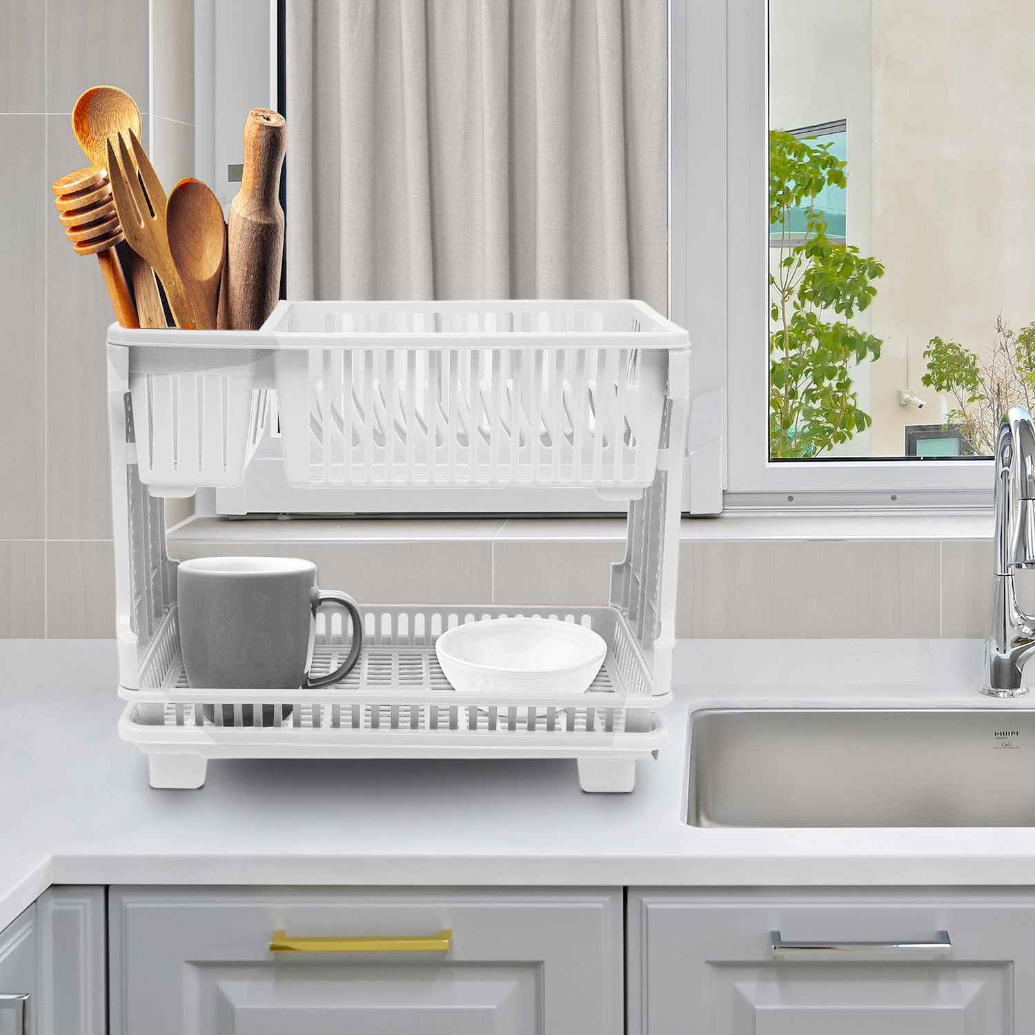 Kuber Industries Dish Rack | Plastic Dish Rack with Drainer | Drying Basket with Tray | Kitchen Drying Rack with Tray | Bartan Stand for Kitchen | Bartan Jali Rack | White