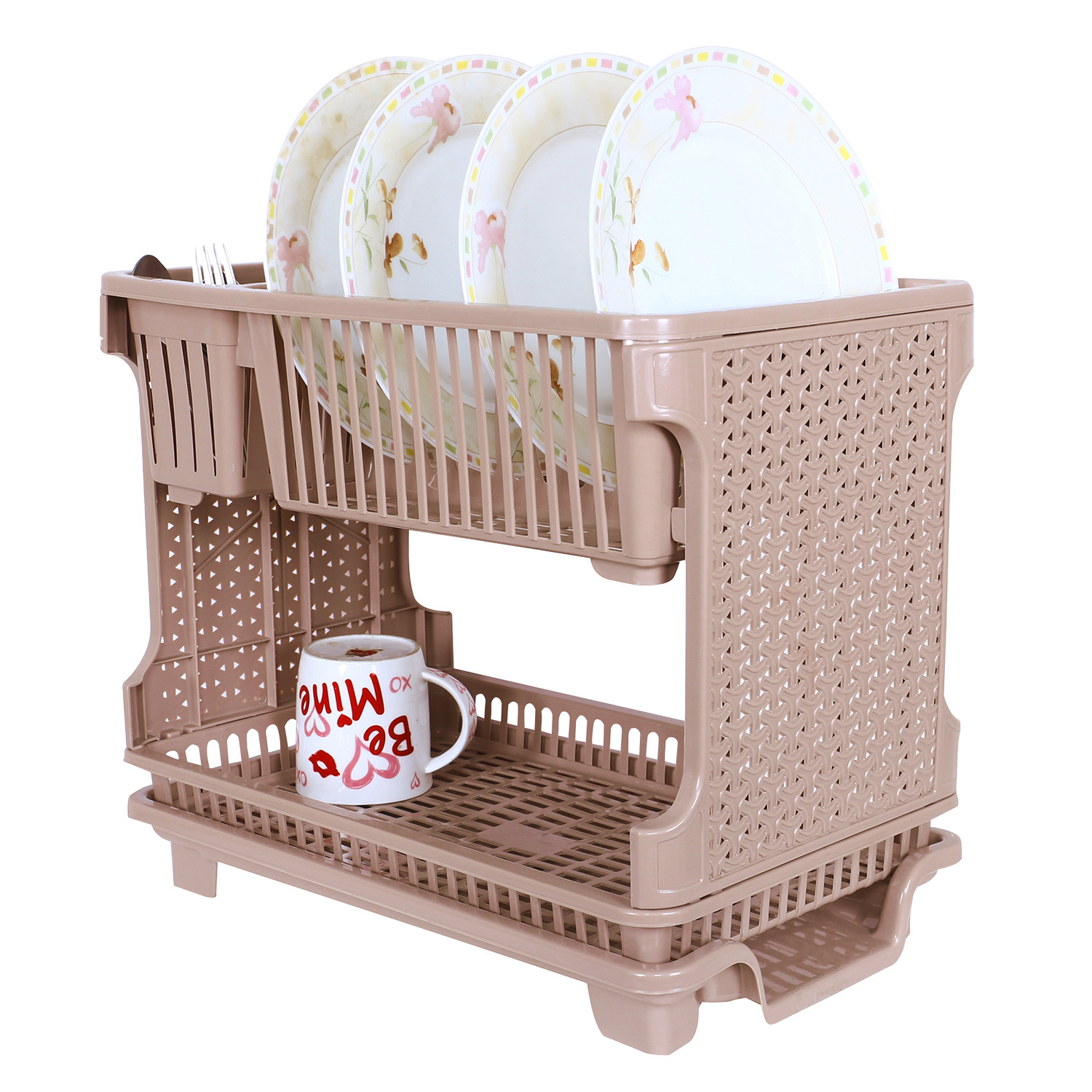 Kuber Industries Dish Rack | Plastic Dish Rack with Drainer | Drying Basket with Tray | Kitchen Drying Rack with Tray | Bartan Stand for Kitchen | Bartan Jali Rack | Maple Brown