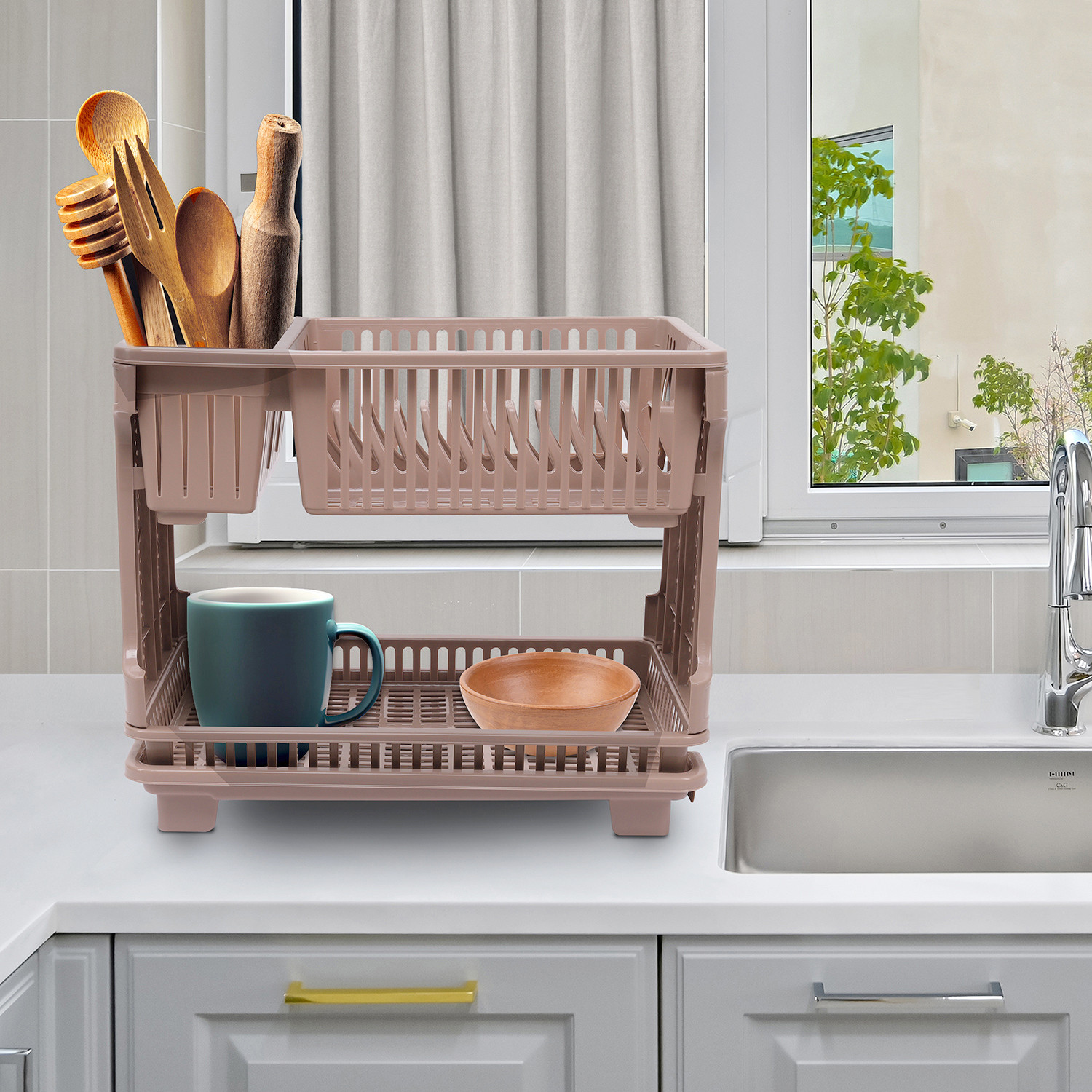 Kuber Industries Dish Rack | Plastic Dish Rack with Drainer | Drying Basket with Tray | Kitchen Drying Rack with Tray | Bartan Stand for Kitchen | Bartan Jali Rack | Maple Brown