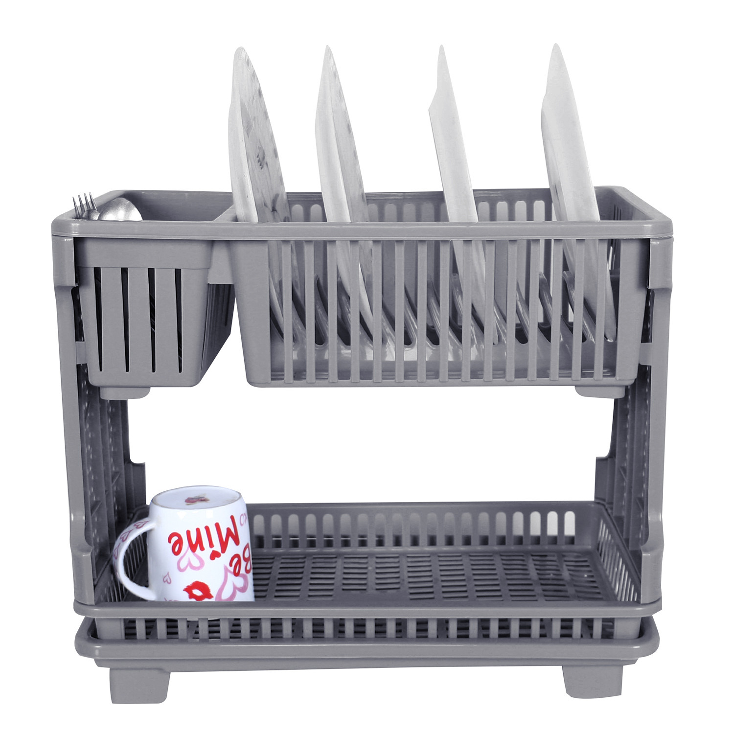 Kuber Industries Dish Rack | Plastic Dish Rack with Drainer | Drying Basket with Tray | Kitchen Drying Rack with Tray | Bartan Stand for Kitchen | Bartan Jali Rack | Gray