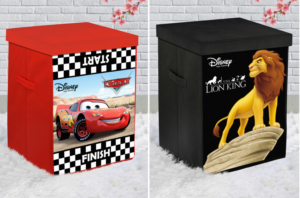 Kuber Industries Disney Cars &amp; Lion King Print Non Woven Fabric Foldable Laundry Organiser With Lid &amp; Handles (Set Of 2, Black)