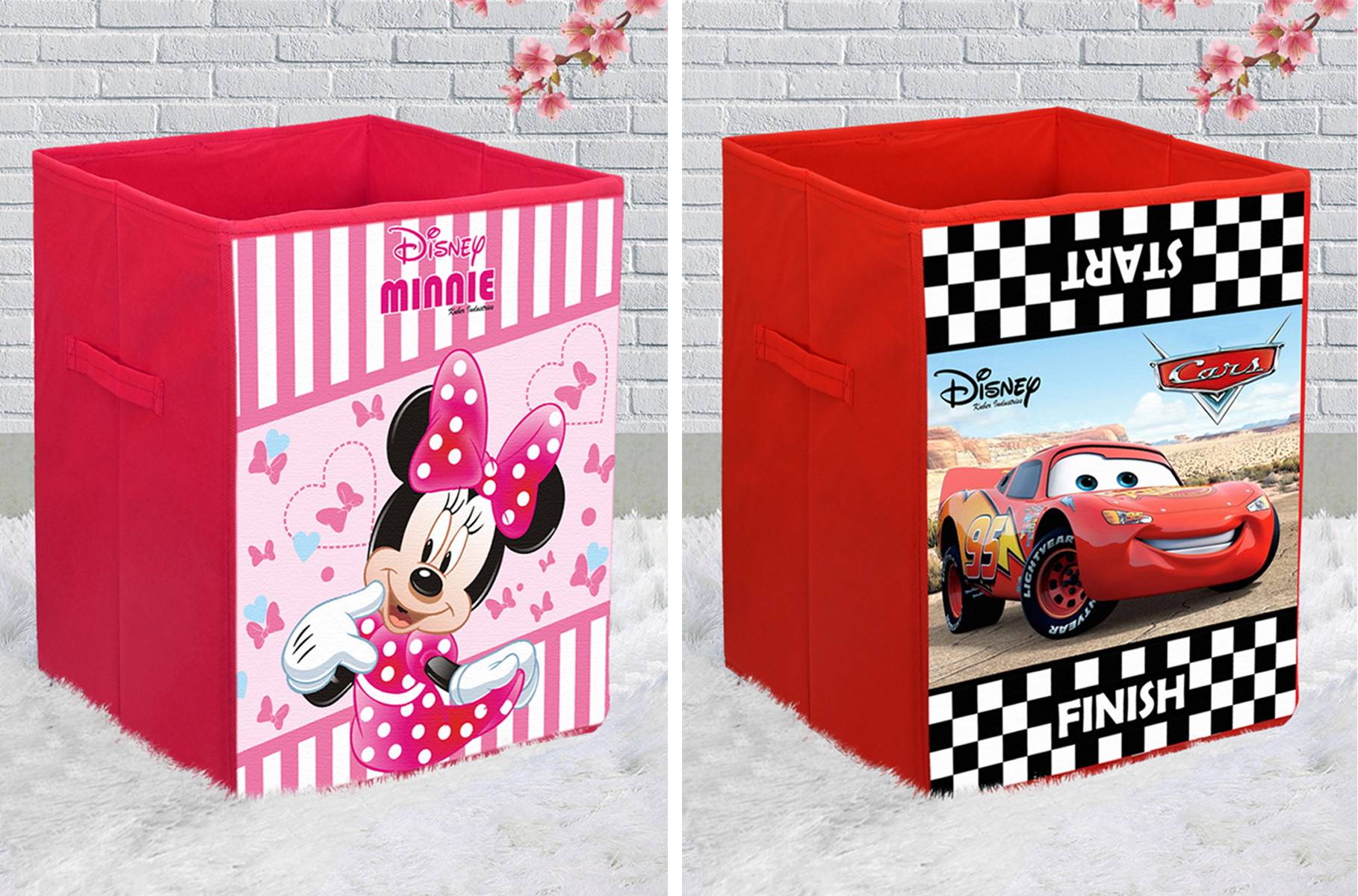 Kuber Industries Disney Cars & Minnie Print Non Woven Fabric Foldable Laundry Organiser With Handles (Set Of 2, Black & Pink)