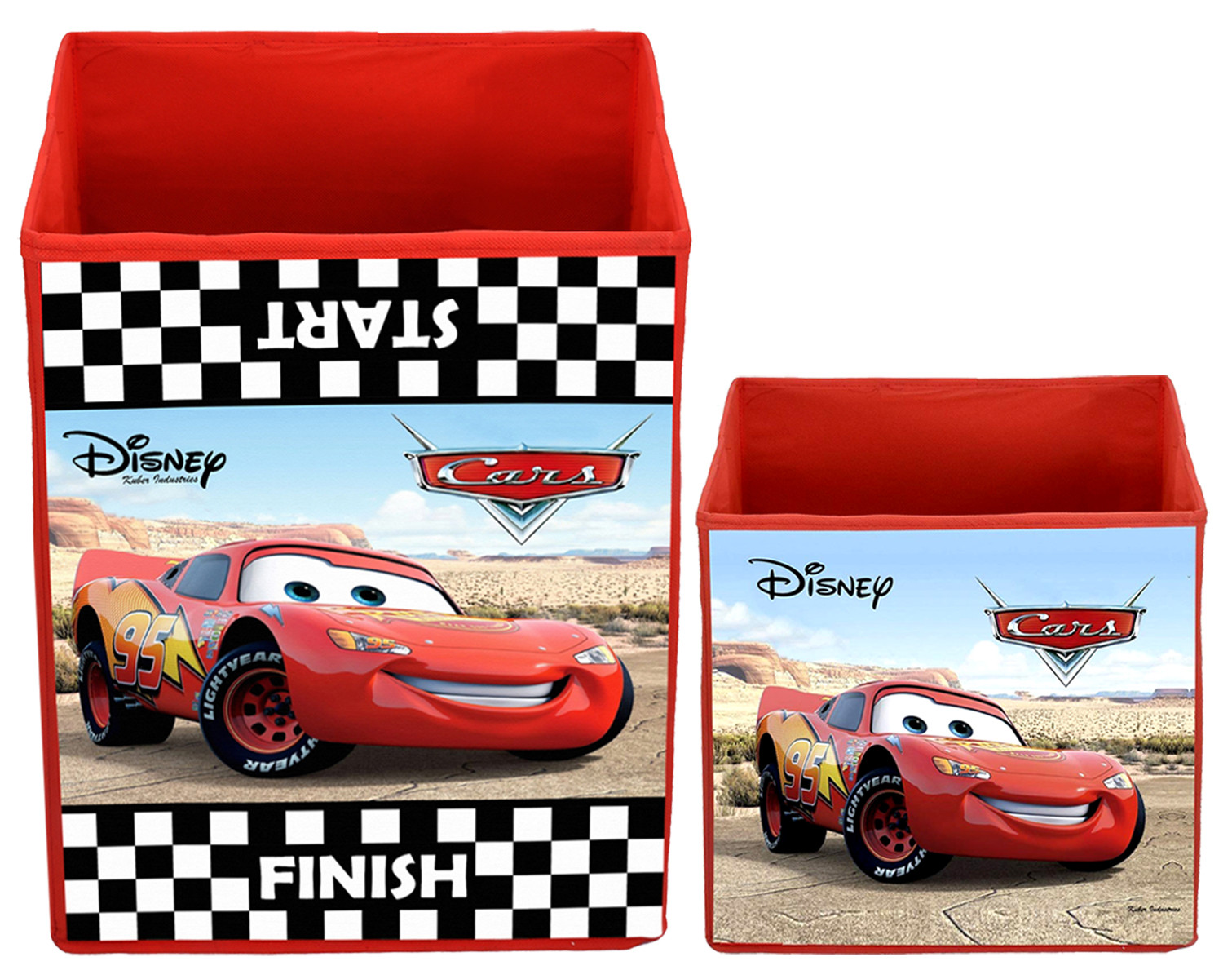 Kuber Industries Disney Cars Print Non Woven Large Size Fabric Foldable Laundry Basket And Small Size Cube Toy,Books,Shoes Storage Box With Handle (Set Of 2, Red)-KUBMRT11893