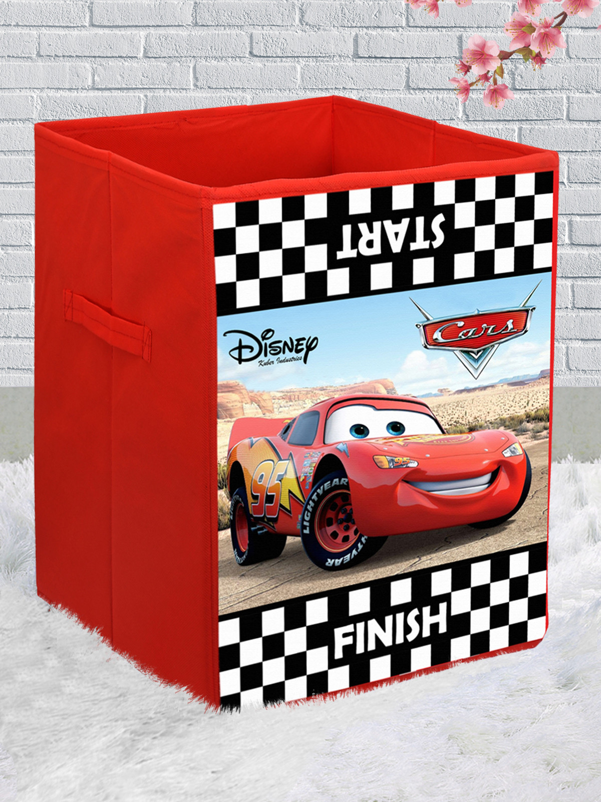 Kuber Industries Disney Cars Print Non Woven Large Size Fabric Foldable Laundry Basket And Small Size Cube Toy,Books,Shoes Storage Box With Handle (Set Of 2, Red)-KUBMRT11893