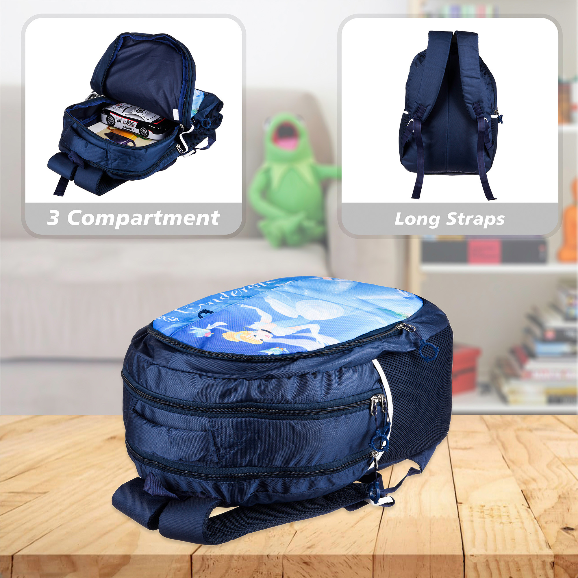 Kuber Industries Disney Cinderella School Bags | Kids School Bags | Collage Bookbag | Travel Backpack | School Bag for Girls & Boys | School Bag with 5 Compartments | Include Bag Cover | Blue