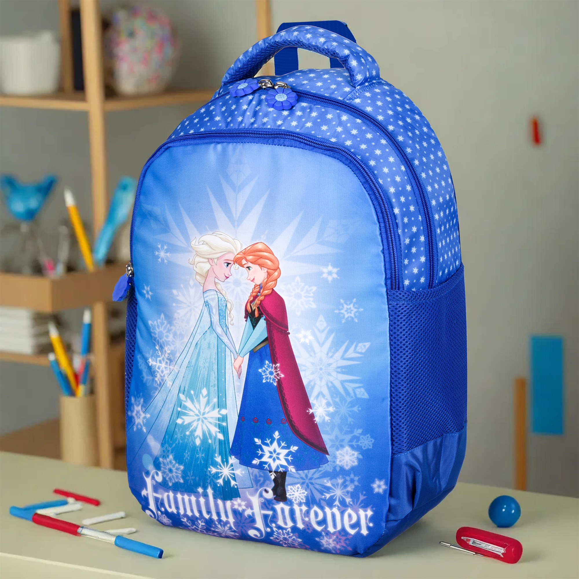 Kuber Industries Disney Frozen Family Forever Backpack  School Backpack for Kids  College Backpack  School Bag for Boys  Girls  3 Compartments School Bag  Spacious  Multiple Pockets  Blue