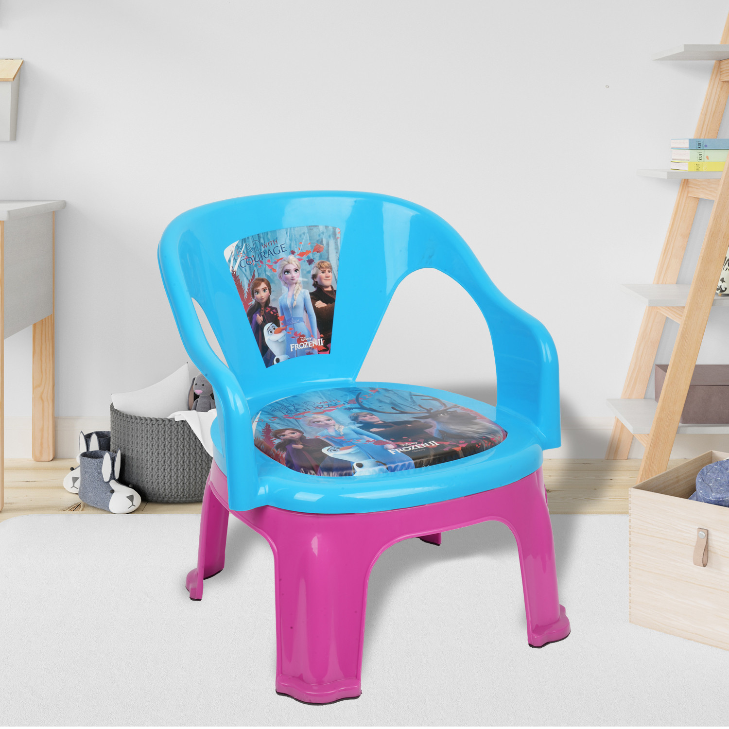 Kuber Industries Disney Frozen-II Kids Chair | Plastic Foldable Kids Chair | Chair for Kidsroom | School Study Stool | Baby Stool | Indoor or Outdoor Stool for Kids | Capacity 30 Kg | Sky Blue & Pink