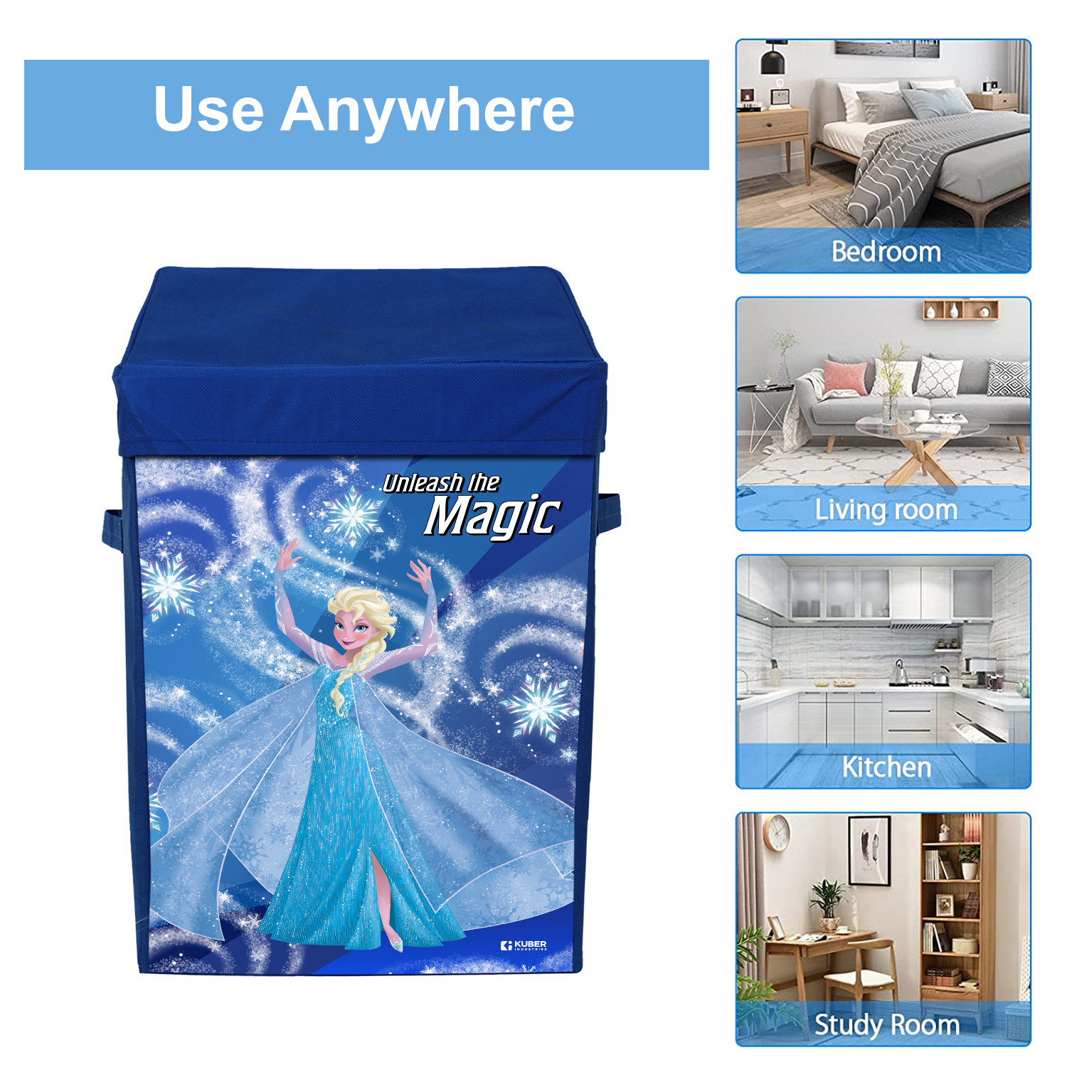 Kuber Industries Disney Frozen Print Foldable Laundry Basket|Clothes Hamper|Storage Basket For Toys,Books With Handle & Lid,60 Ltr.(Blue)