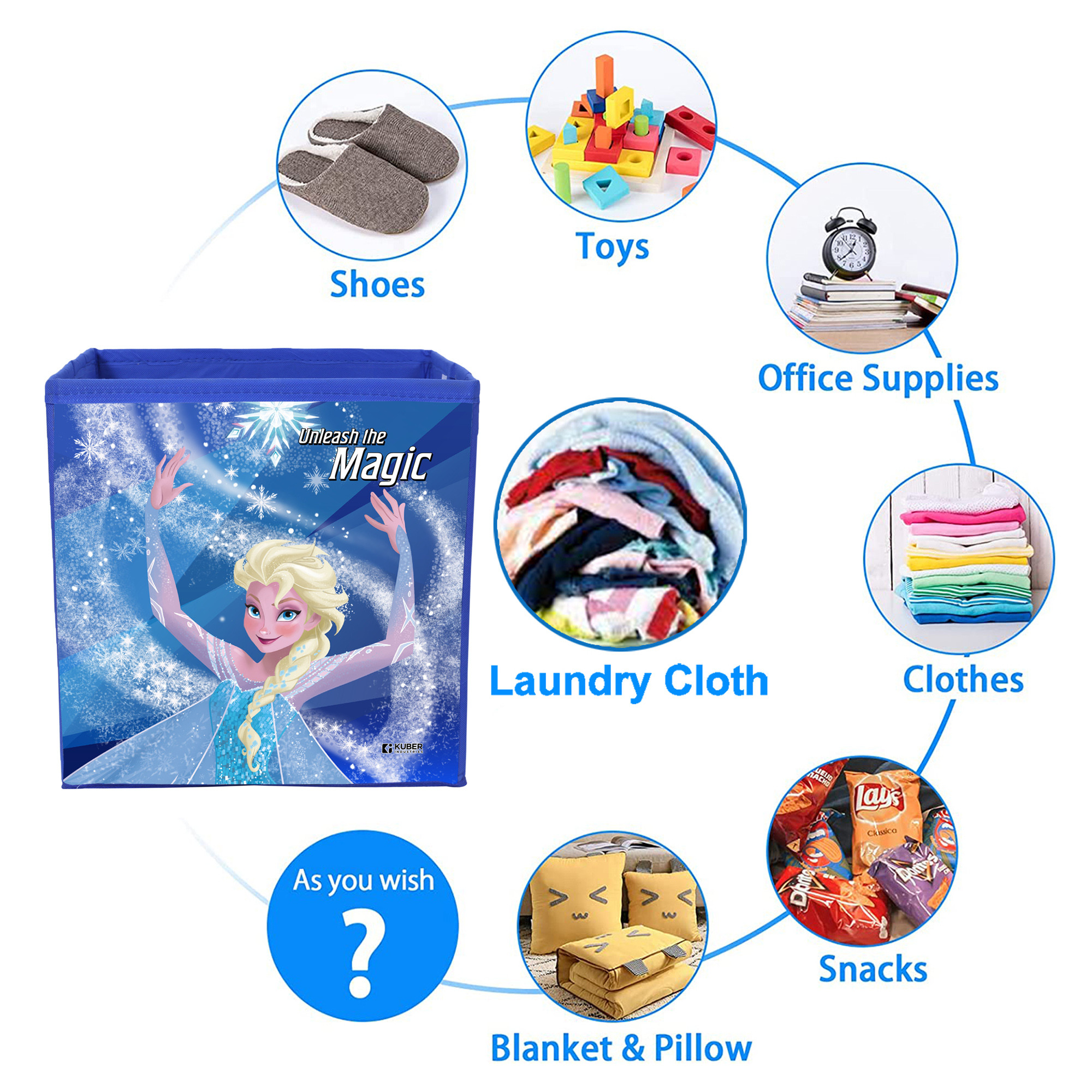 Kuber Industries Disney Frozen Print Foldable Storage Box|Clothes Organizer|Collapsible Storage Basket With Handle For Toys,Books,30 Ltr.(Blue)