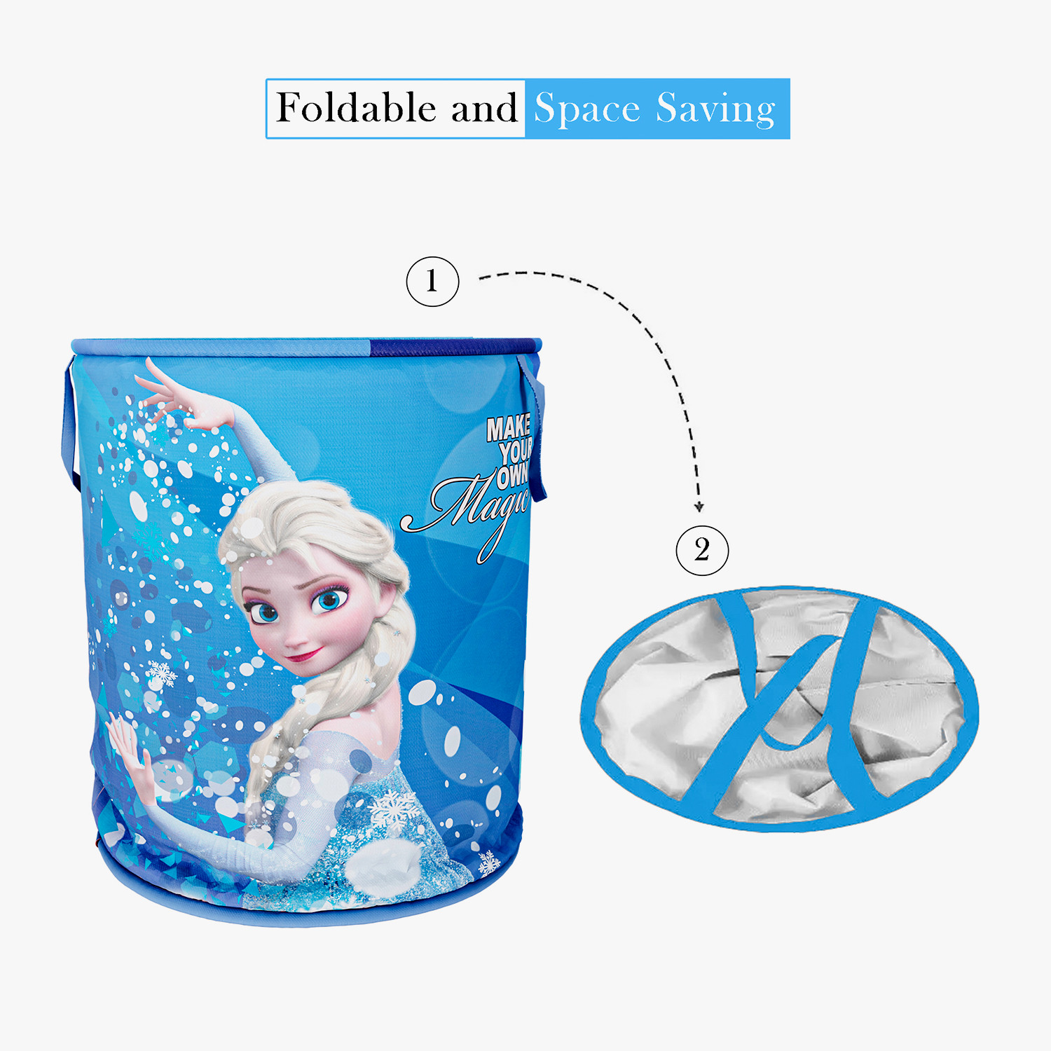 Kuber Industries Disney Frozen Print Round Laundry Basket|Polyester Clothes Hamper|Waterproof & Foldable Round Laundry Bag with Handle,45 Ltr.(Blue)