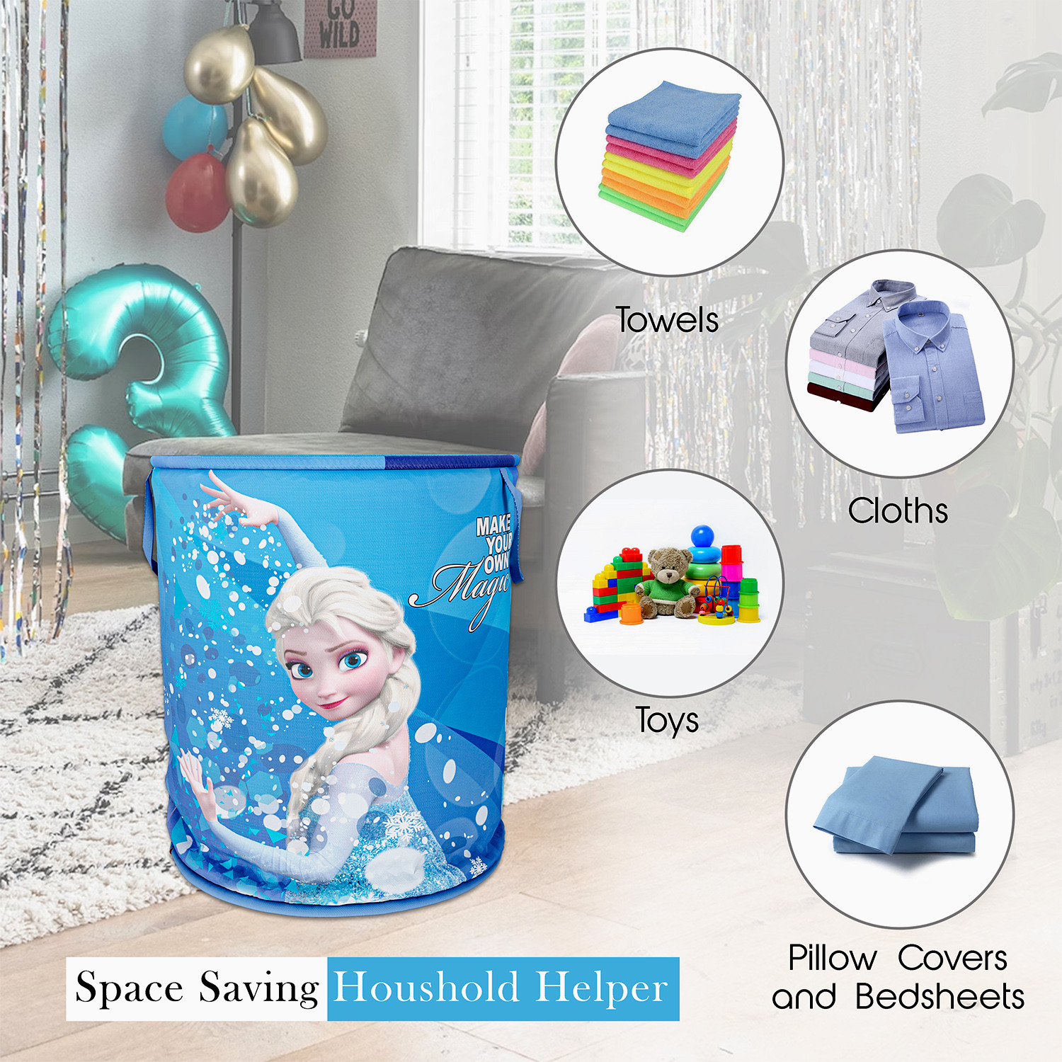 Kuber Industries Disney Frozen Print Round Laundry Basket|Polyester Clothes Hamper|Waterproof & Foldable Round Laundry Bag with Handle,45 Ltr.(Blue)