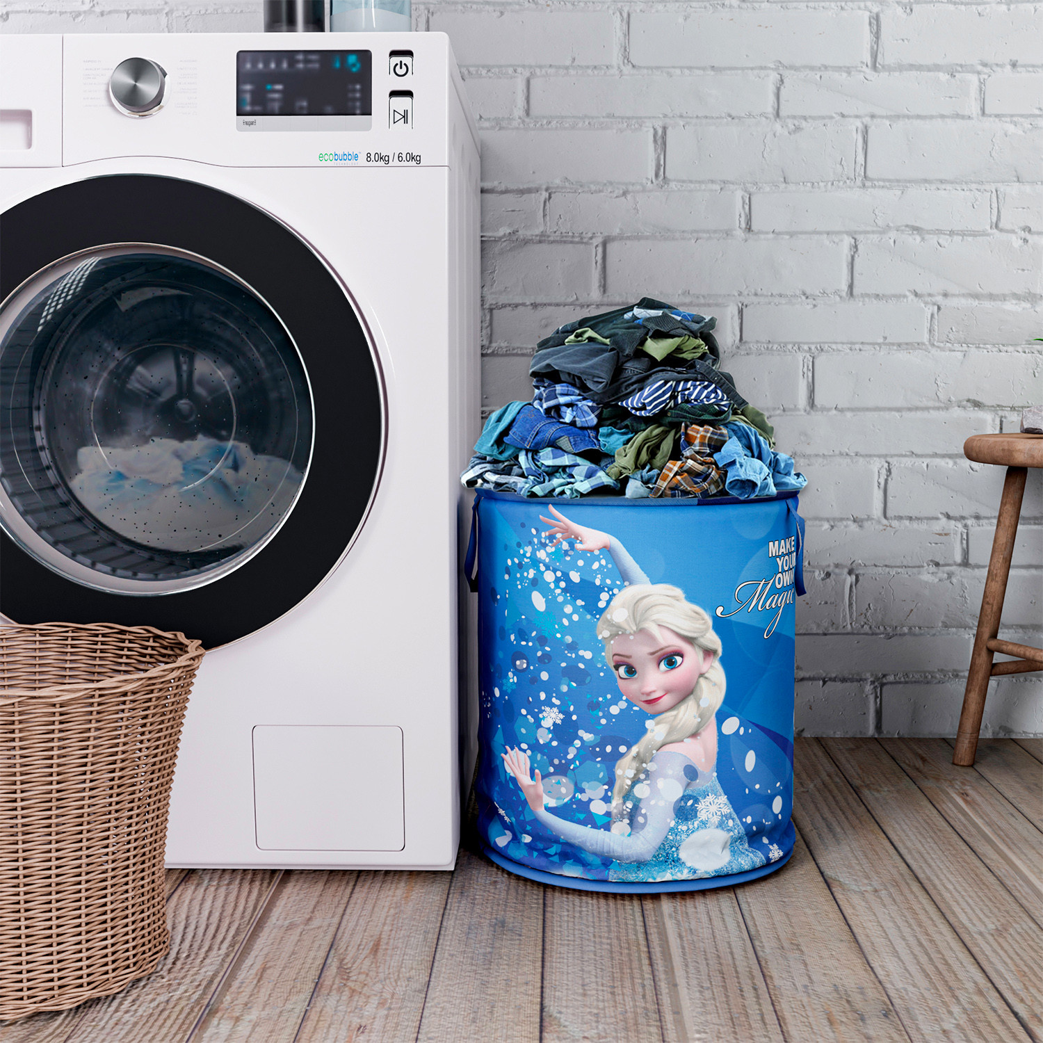Kuber Industries Disney Frozen Print Round Laundry Basket|Polyester Clothes Hamper|Waterproof & Foldable Round Laundry Bag with Handle,45 Ltr.(Blue)