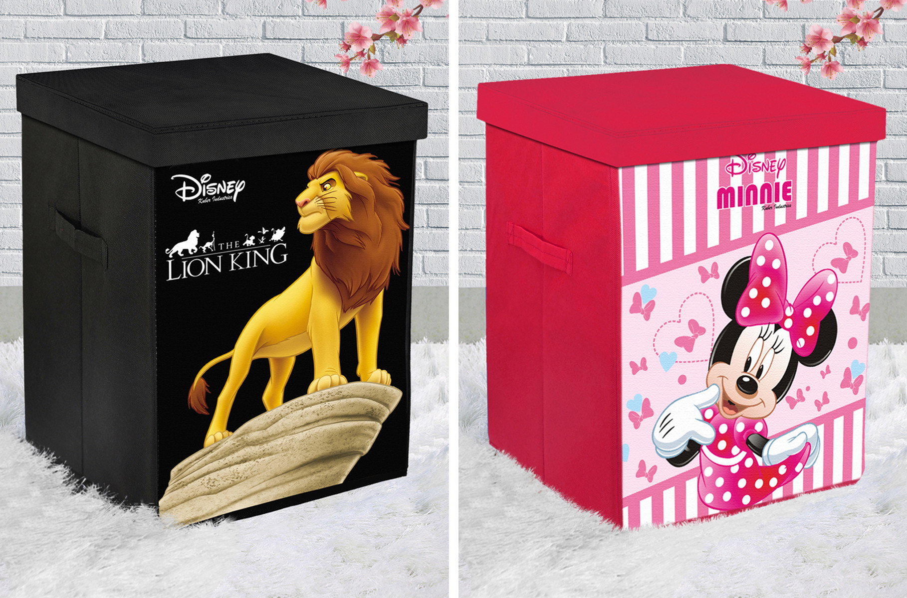 Kuber Industries Disney Lion King & Minnie Print Non Woven Fabric Foldable Laundry Organiser With Lid & Handles (Set Of 2, Black & Pink)