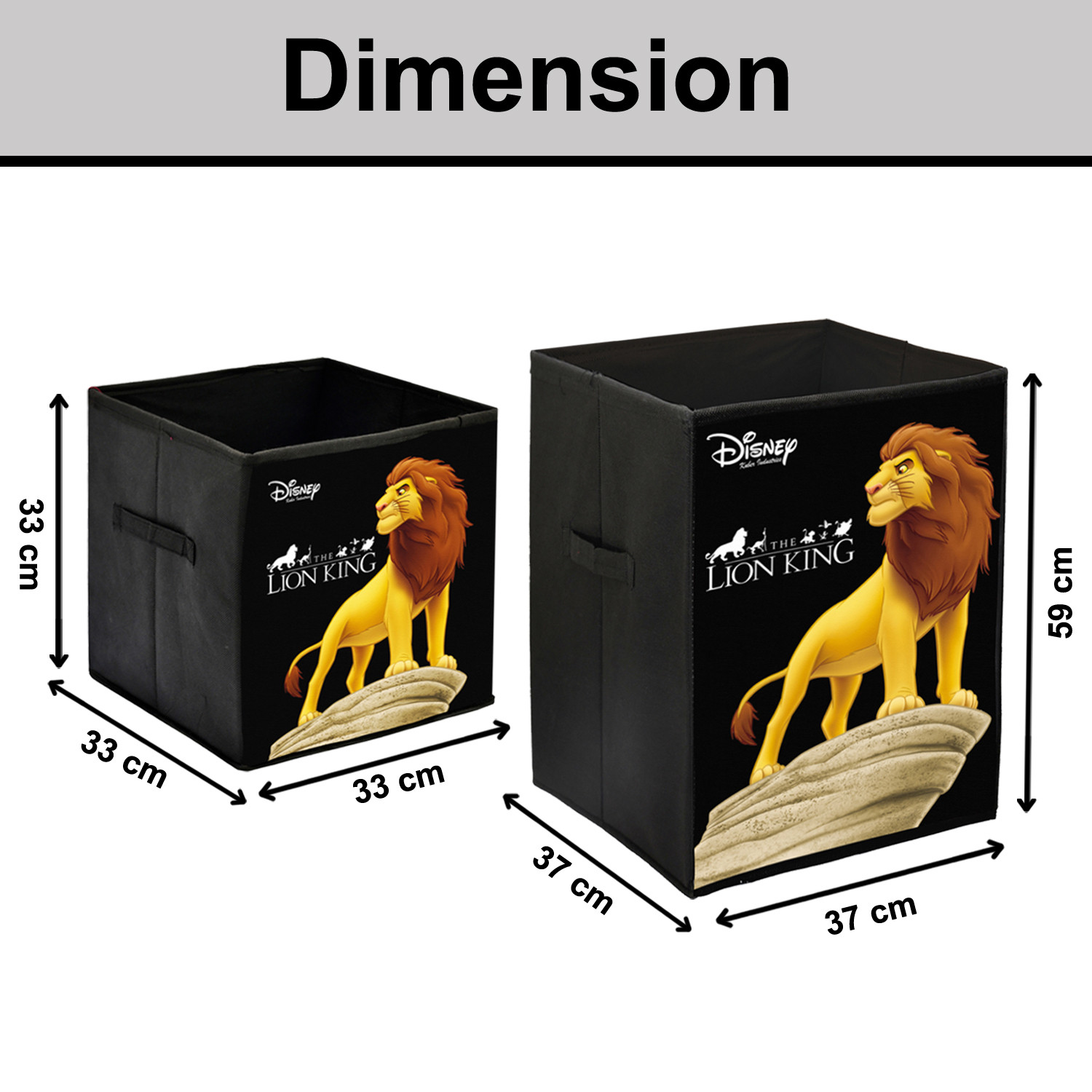 Kuber Industries Disney Lion King Print Non Woven Large Size Fabric Foldable Laundry Basket And Small Size Cube Toy,Books,Shoes Storage Box With Handle (Set Of 2, Black)-KUBMRT11889