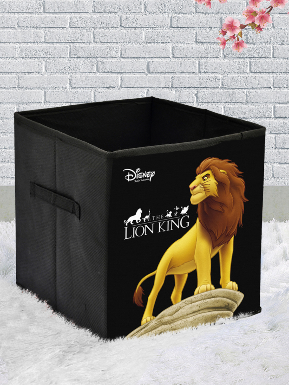 Kuber Industries Disney Lion King Print Non Woven Large Size Fabric Foldable Laundry Basket And Small Size Cube Toy,Books,Shoes Storage Box With Handle (Set Of 2, Black)-KUBMRT11889