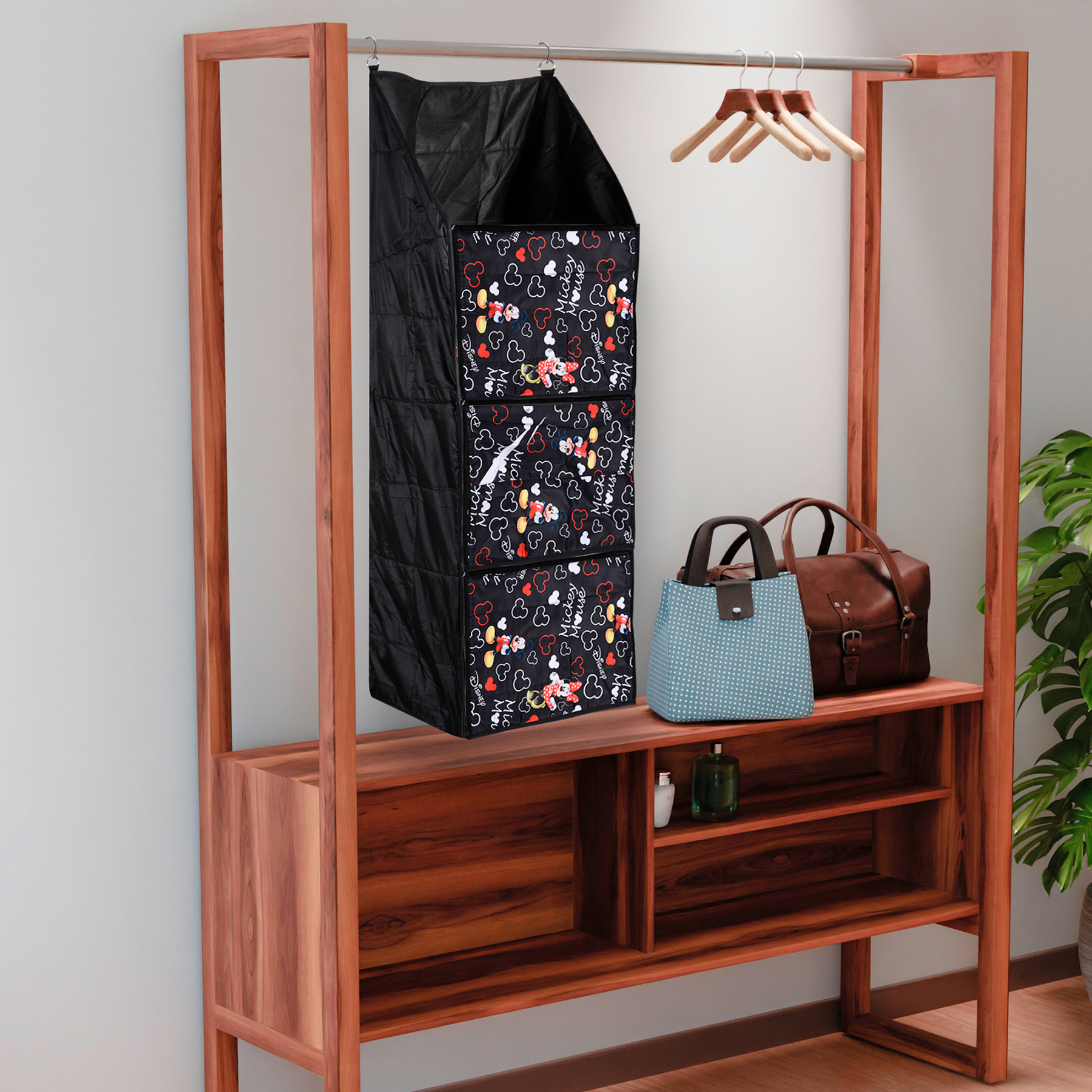Kuber Industries Disney Mickey Almirah  Parachute Wardrobe Organizer  Hanging Cloth Organizer  4 Compartments Storage Almirah  Hanging Wall Almirah  Black
