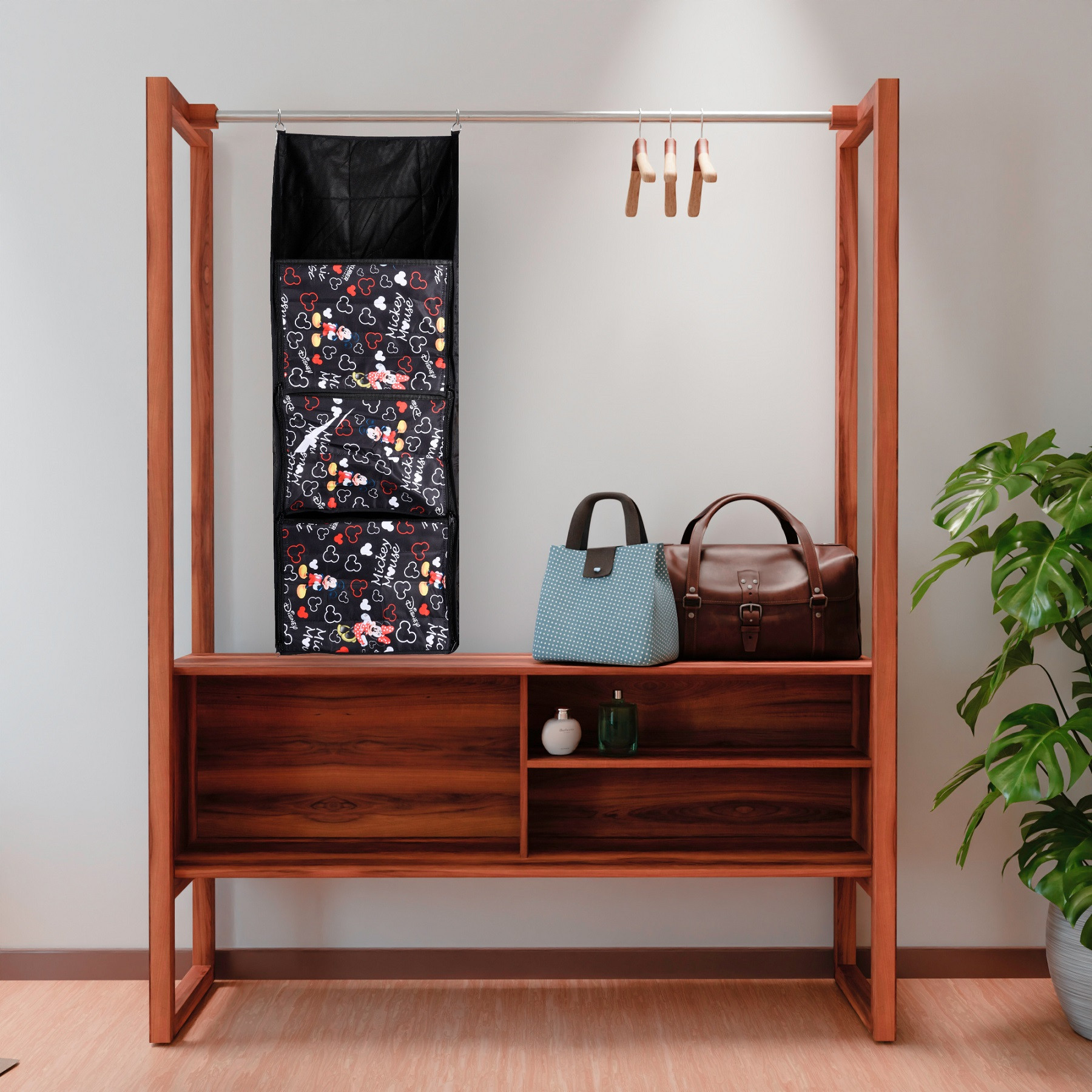 Kuber Industries Disney Mickey Almirah  Parachute Wardrobe Organizer  Hanging Cloth Organizer  4 Compartments Storage Almirah  Hanging Wall Almirah  Black