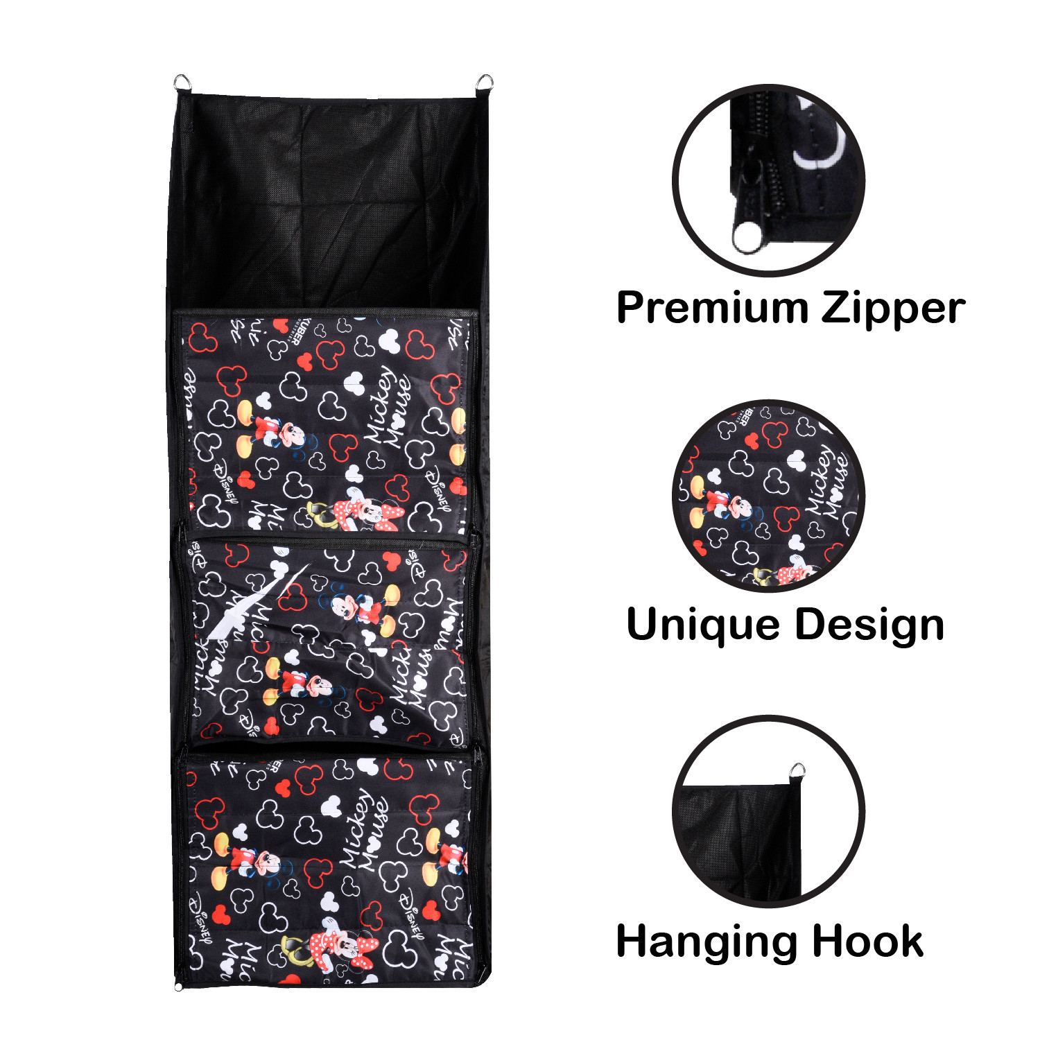 Kuber Industries Disney Mickey Almirah  Parachute Wardrobe Organizer  Hanging Cloth Organizer  4 Compartments Storage Almirah  Hanging Wall Almirah  Black