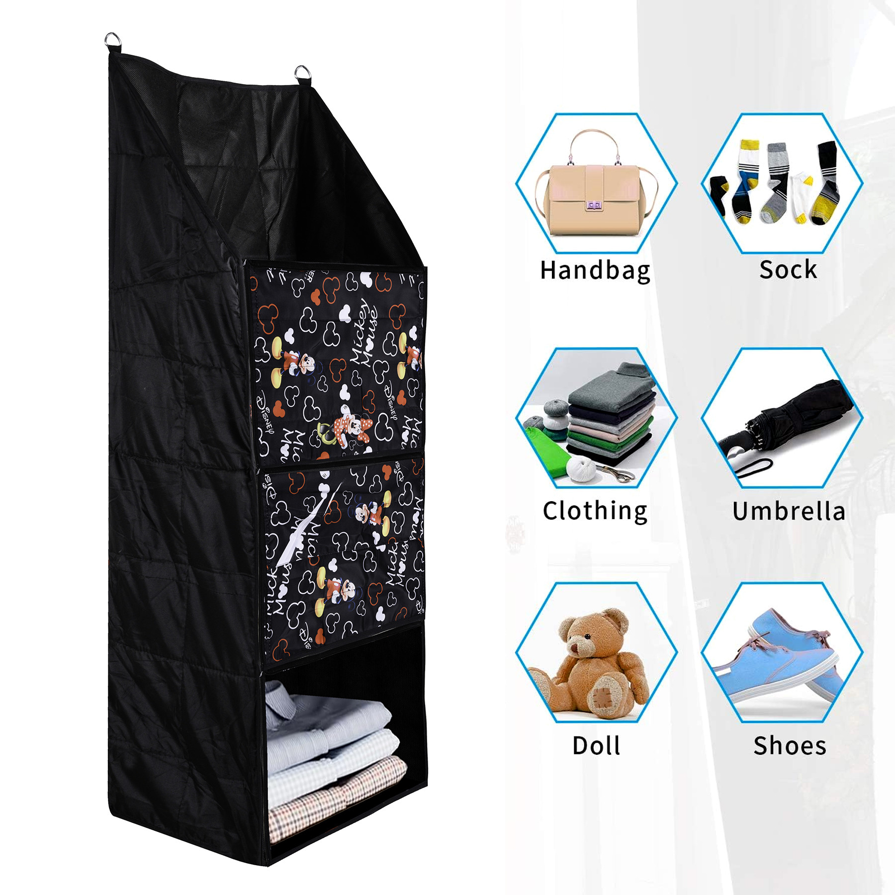Kuber Industries Disney Mickey Almirah  Parachute Wardrobe Organizer  Hanging Cloth Organizer  4 Compartments Storage Almirah  Hanging Wall Almirah  Black