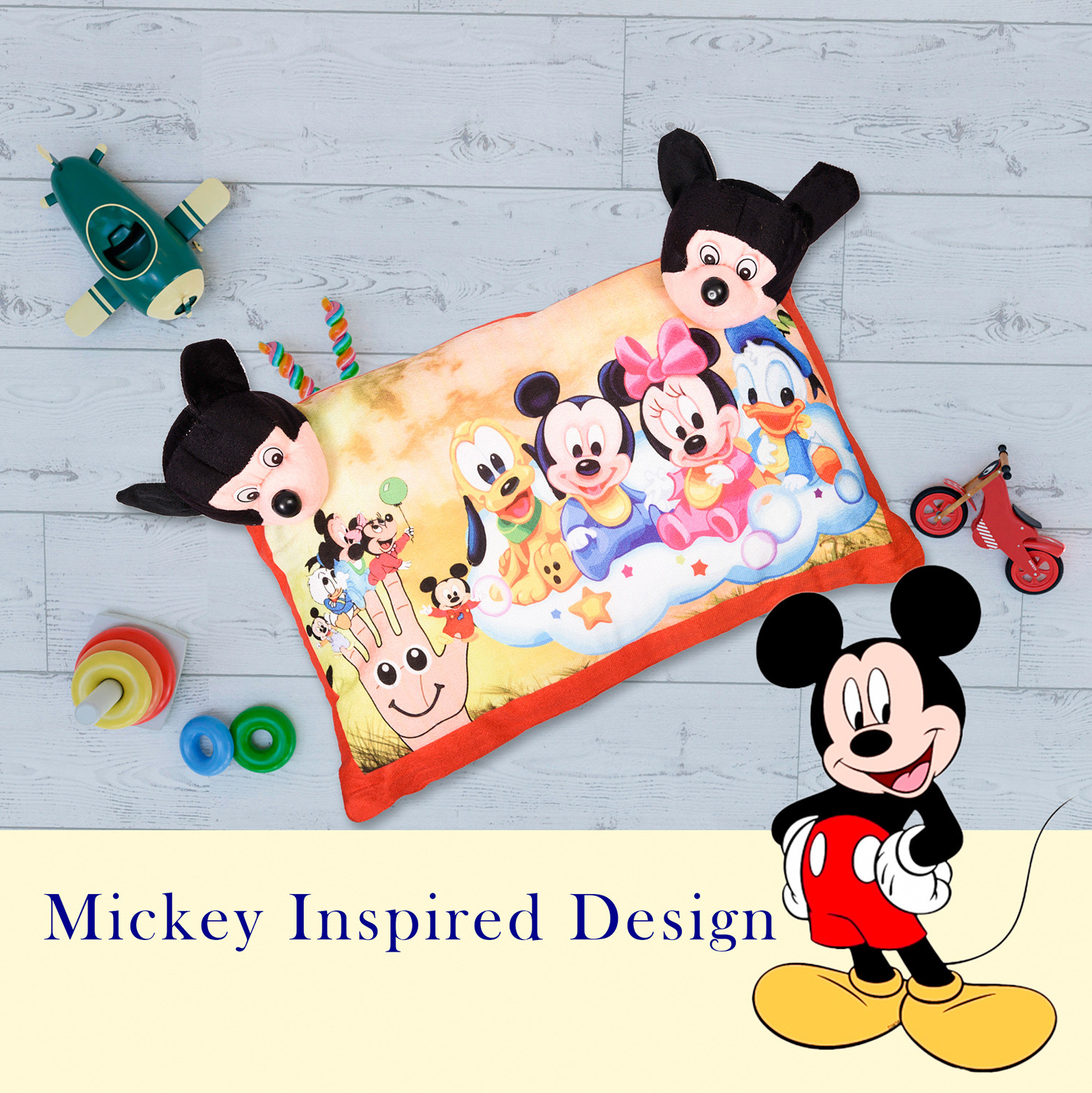 Kuber Industries Disney Mickey & Friends Design Baby Pillow|Velvet Super soft Kids Pillow For Sleeping & Travel,12 x 18 Inch,(Red)