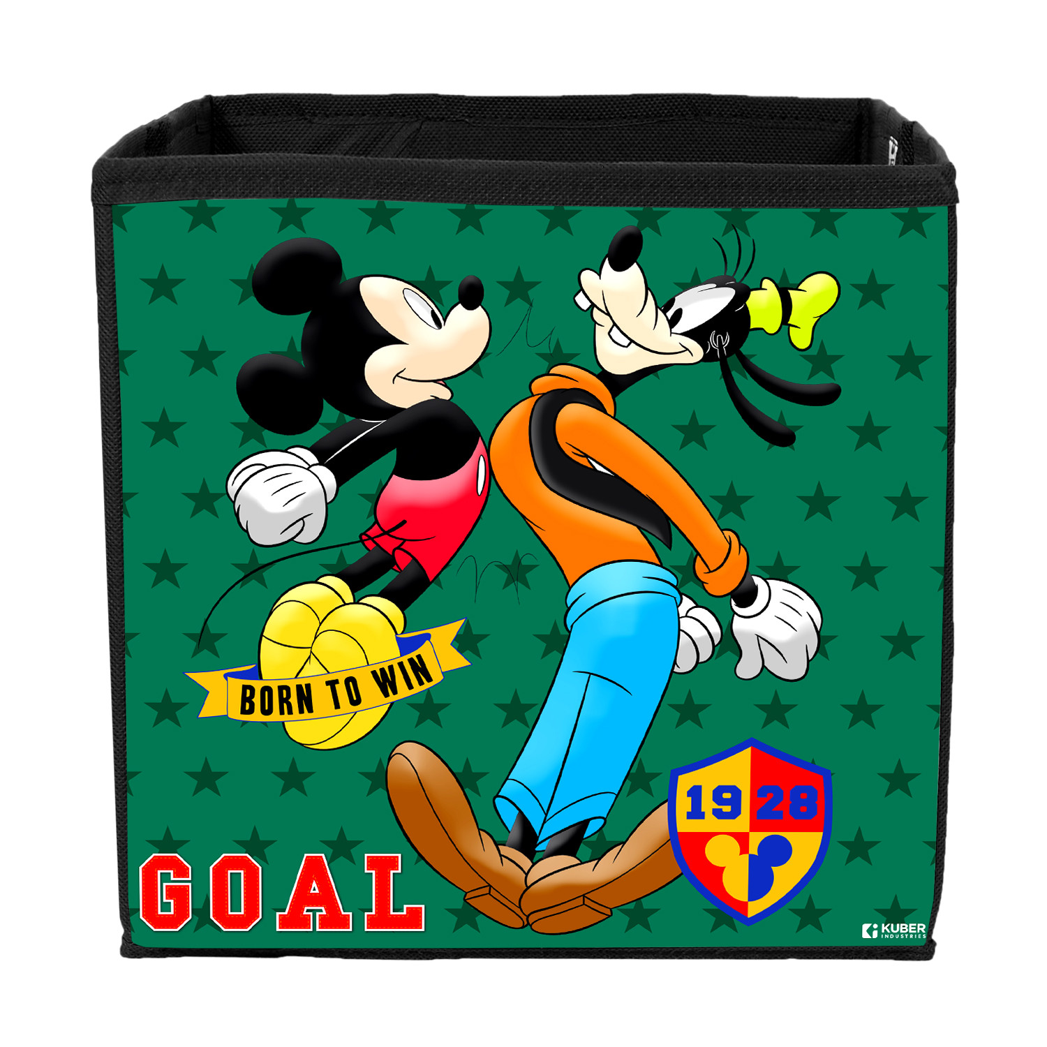 Kuber Industries Disney Mickey & Goofy Print Durable & Collapsible Square Storage Box|Clothes Organizer With Handle, (Black)