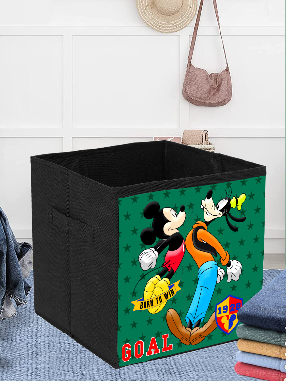 Kuber Industries Disney Mickey & Goofy Print Durable & Collapsible Square Storage Box|Clothes Organizer With Handle, (Black)