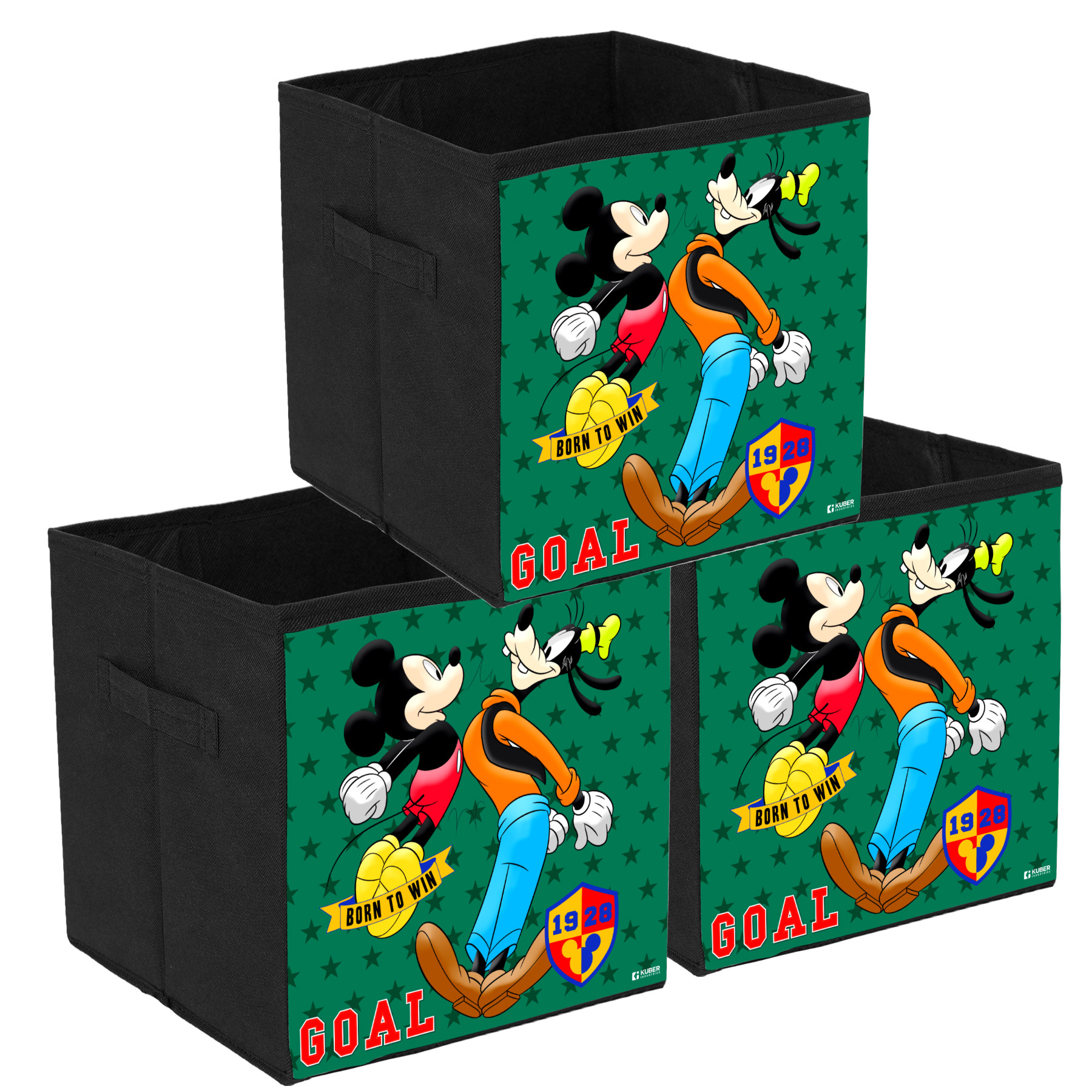 Kuber Industries Disney Mickey & Goofy Print Durable & Collapsible Square Storage Box|Clothes Organizer With Handle, (Black)