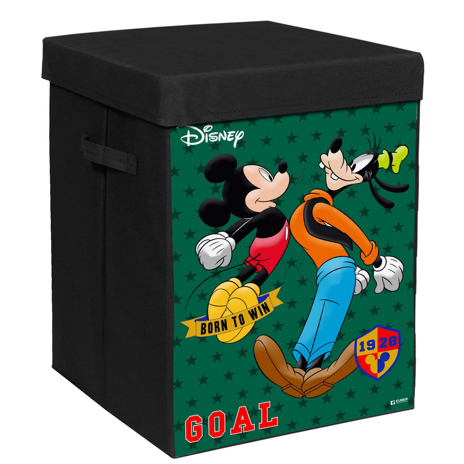 Kuber Industries Disney Mickey & Goofy Print Foldable Laundry Basket|Clothes Storage Basket With Handle & Lid,60 Ltr.(Black)