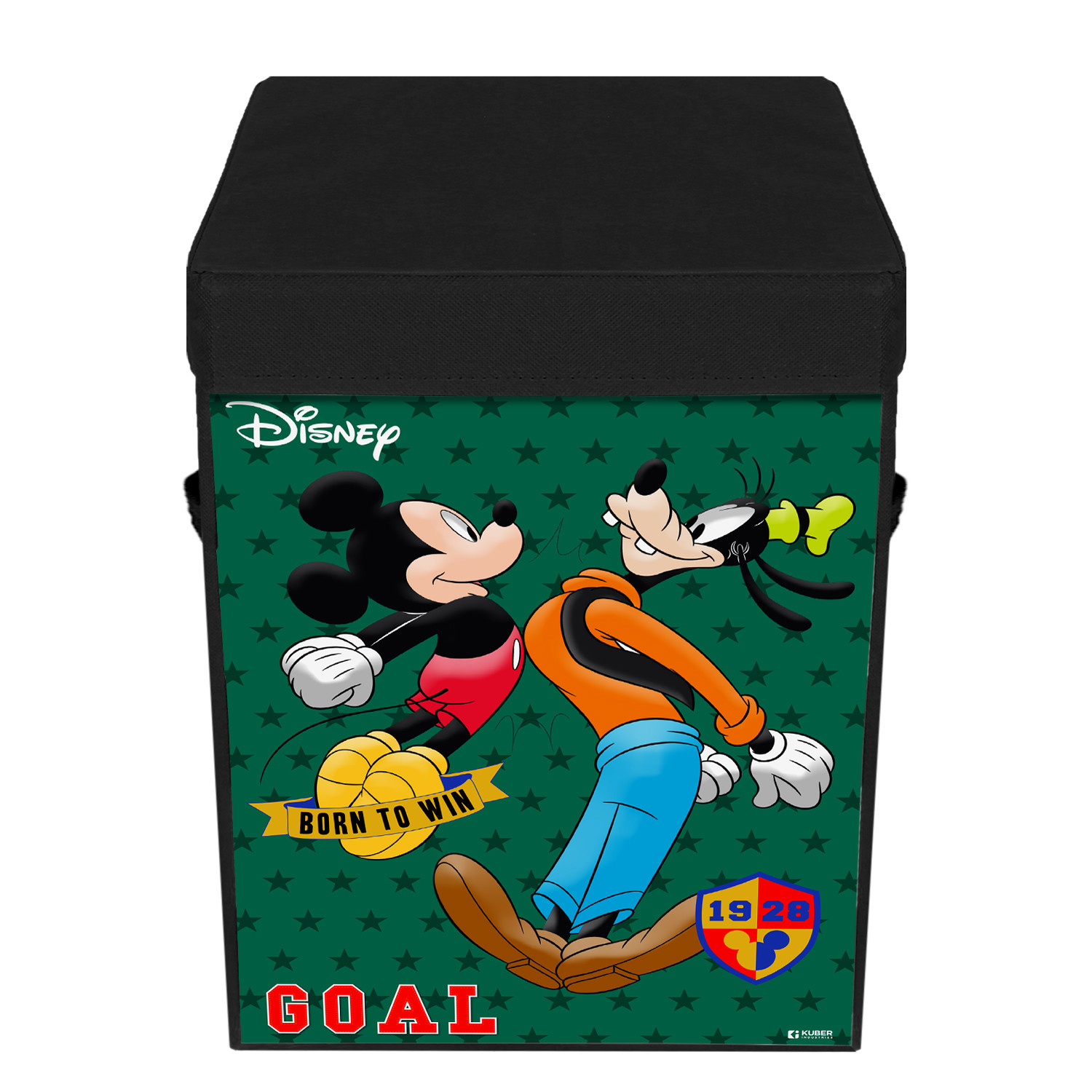 Kuber Industries Disney Mickey & Goofy Print Foldable Laundry Basket|Clothes Storage Basket With Handle & Lid,60 Ltr.(Black)