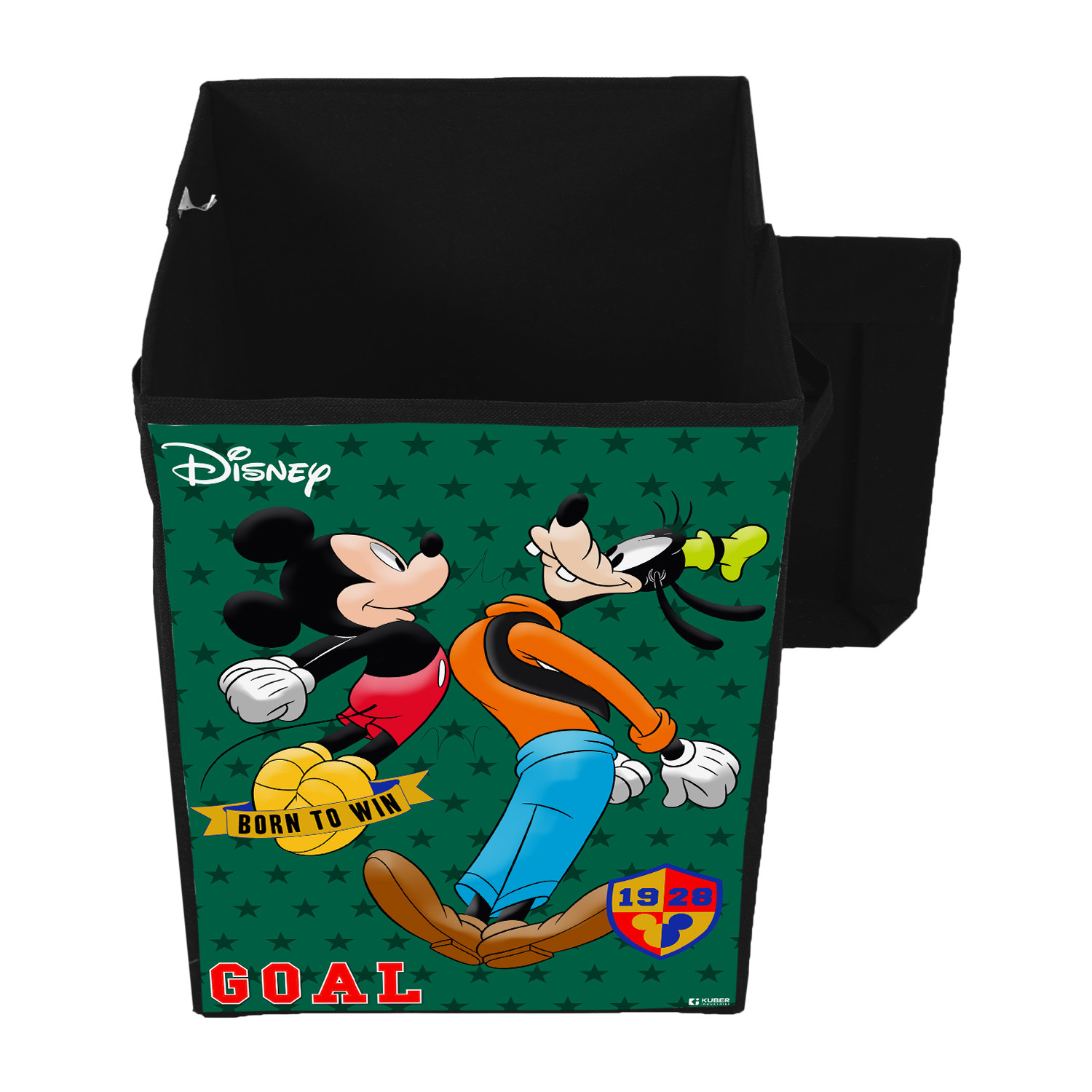 Kuber Industries Disney Mickey & Goofy Print Foldable Laundry Basket|Clothes Storage Basket With Handle & Lid,60 Ltr.(Black)