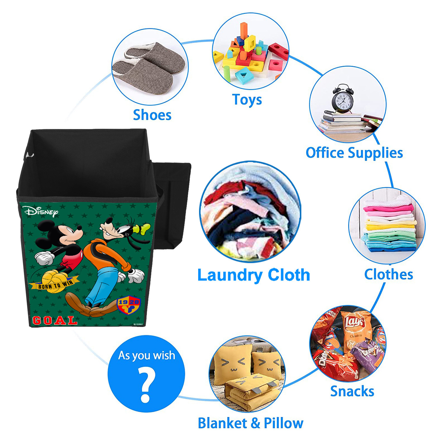 Kuber Industries Disney Mickey & Goofy Print Foldable Laundry Basket|Clothes Storage Basket With Handle & Lid,60 Ltr.(Black)