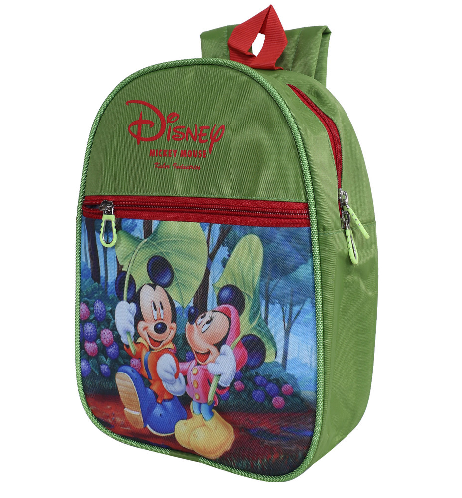 Kuber Industries Disney Mickey &amp; Minnie School Bag|2 Compartment Rexine School Bagpack|School Bag for Kids|School Bags for Girls with Zipper Closure|Small Size (Green)