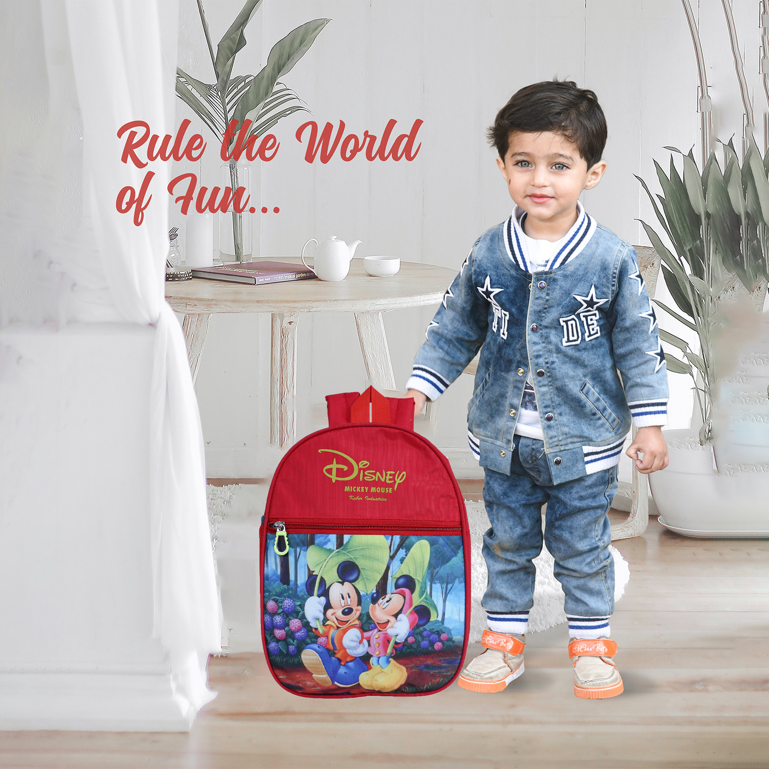 Kuber Industries Disney Mickey & Minnie School Bag|2 Compartment Rexine School Bagpack|School Bag for Kids|School Bags for Girls with Zipper Closure|Small Size (Red)