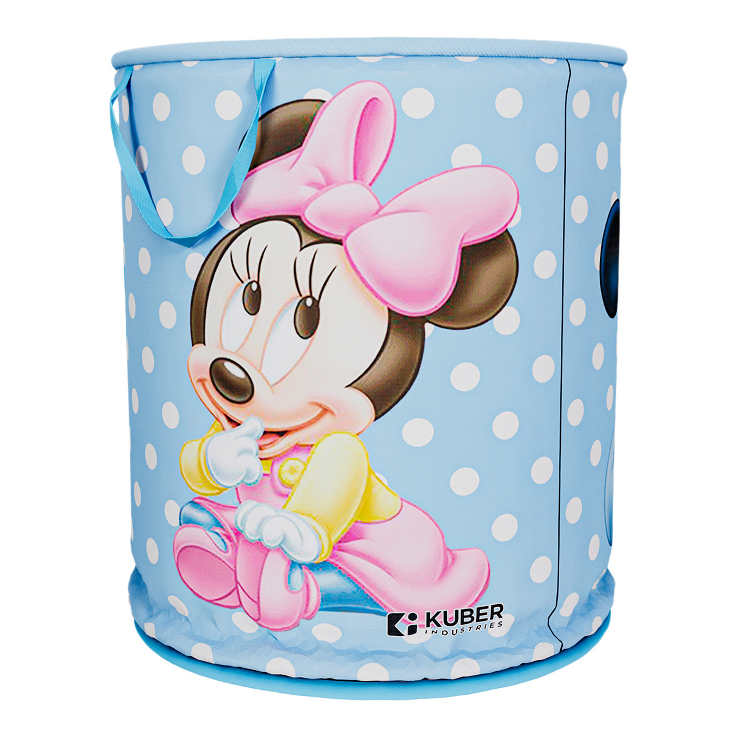 Kuber Industries Disney Mickey & Team Print Round Laundry Basket|Polyester Clothes Hamper|Waterproof & Foldable Round Laundry Bag with Handle,45 Ltr.(Sky Blue)