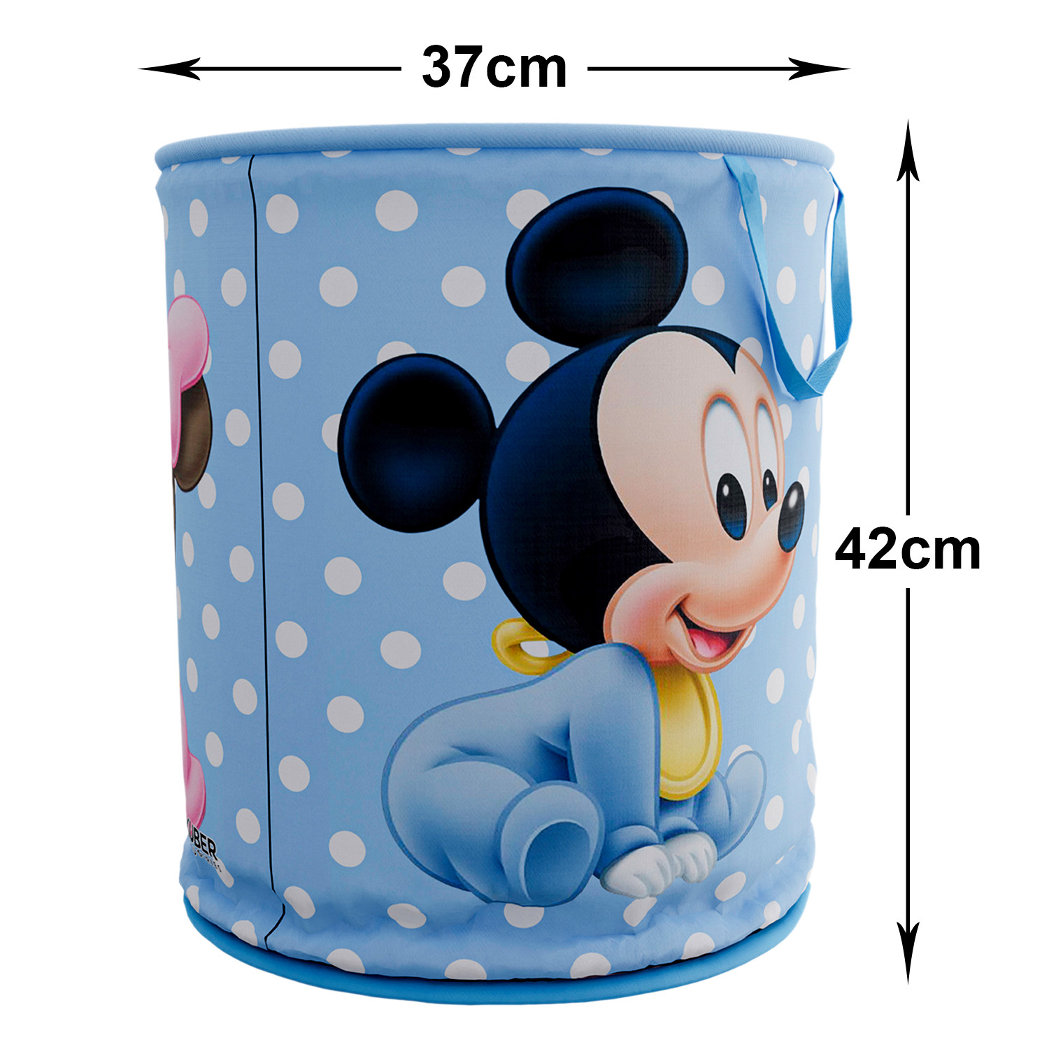 Kuber Industries Disney Mickey & Team Print Round Laundry Basket|Polyester Clothes Hamper|Waterproof & Foldable Round Laundry Bag with Handle,45 Ltr.(Sky Blue)