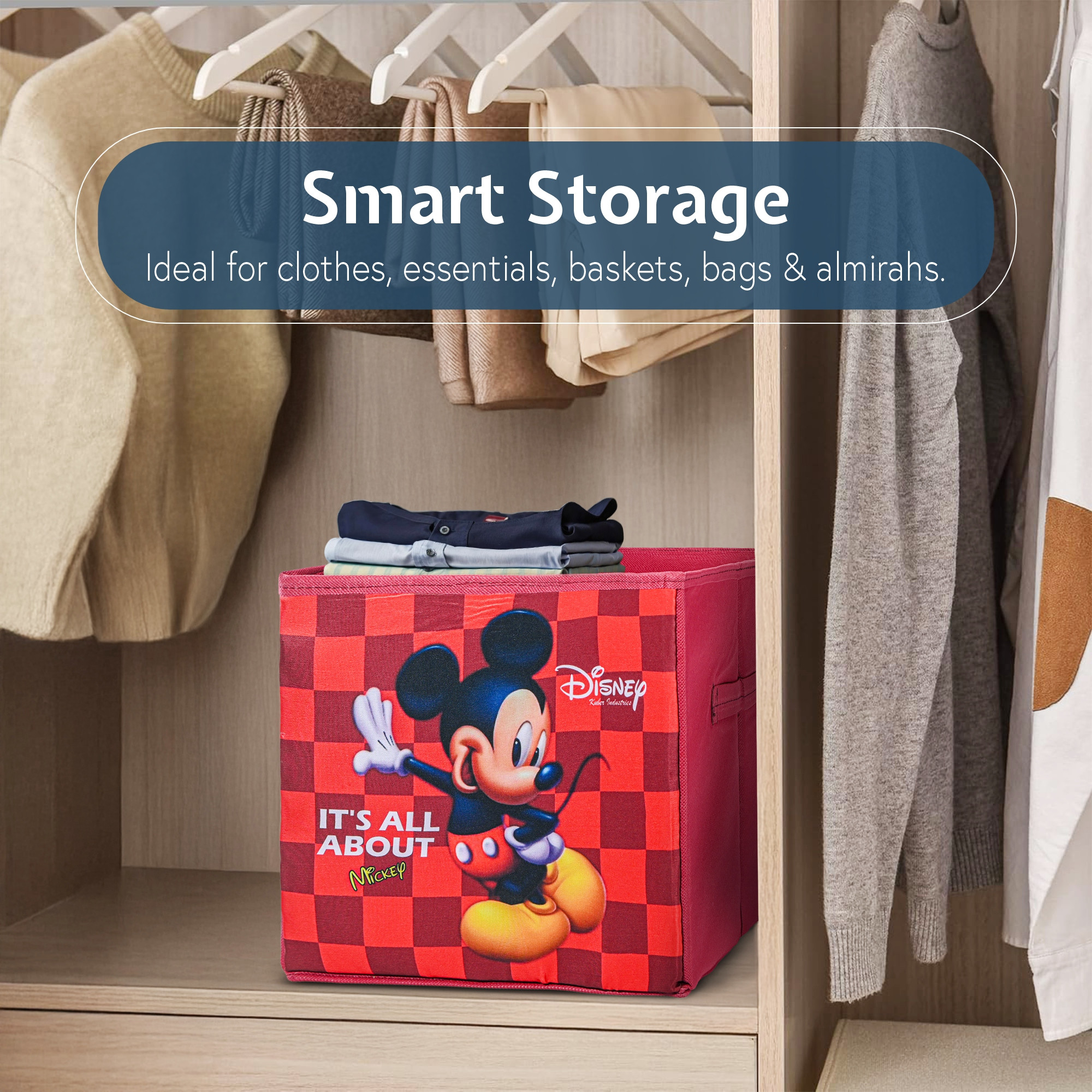 Kuber Industries Disney Mickey Check Large Square Storage Box for Clothes  Foldable Wardrobe Organizer For Toys  Baby Clothes  DrawerCloset Storage Organizer with Handle  Maroon