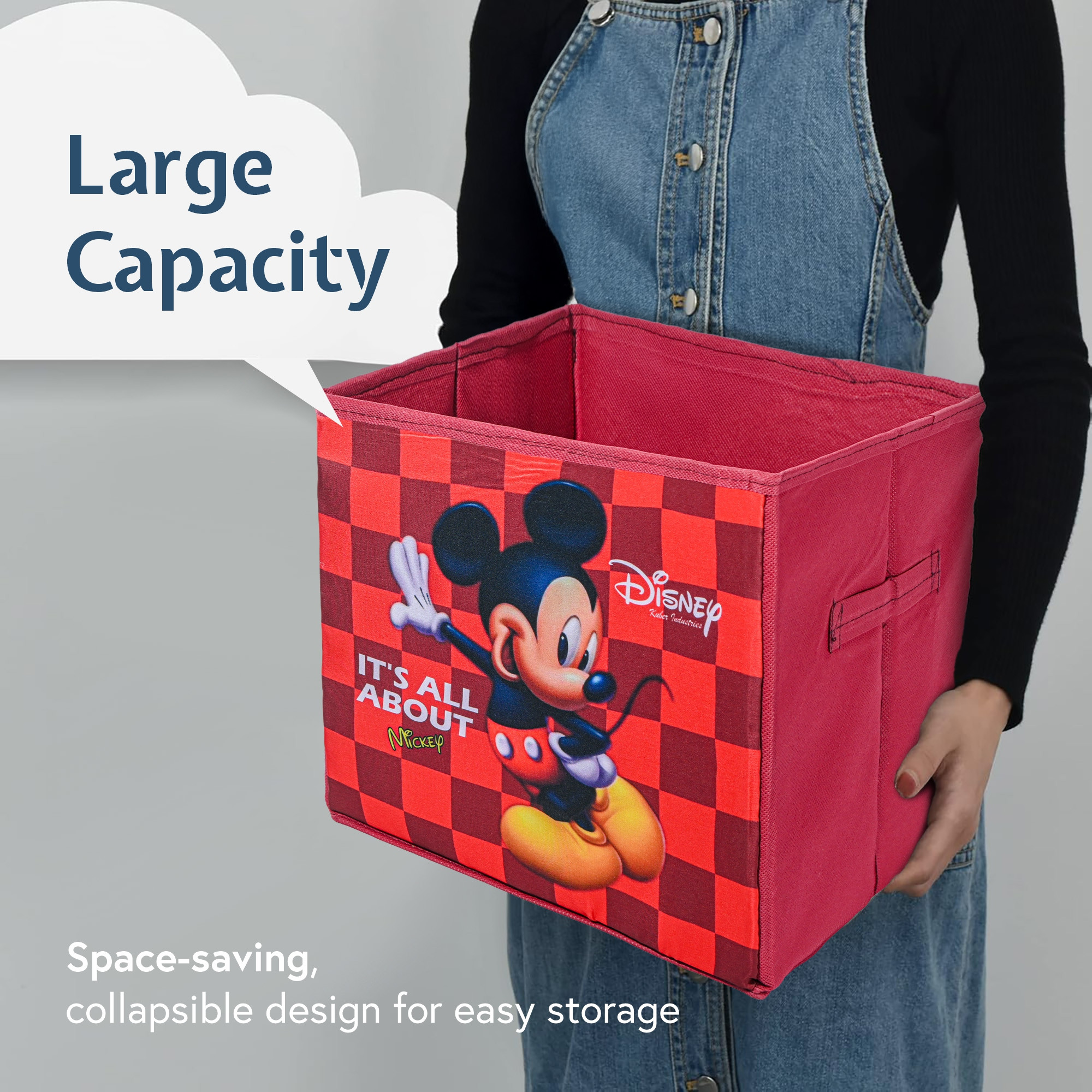 Kuber Industries Disney Mickey Check Large Square Storage Box for Clothes  Foldable Wardrobe Organizer For Toys  Baby Clothes  DrawerCloset Storage Organizer with Handle  Maroon